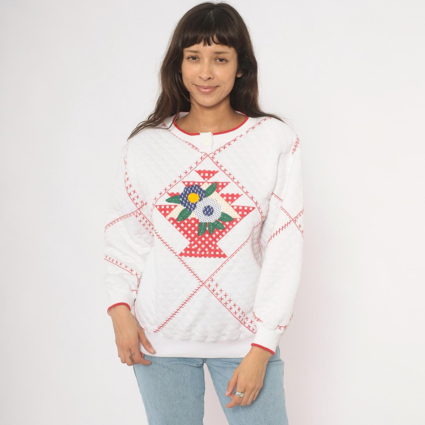 90s Jason Maxwell Quilted Floral Henley Sweatshirt White Red Cross Stitch Large L