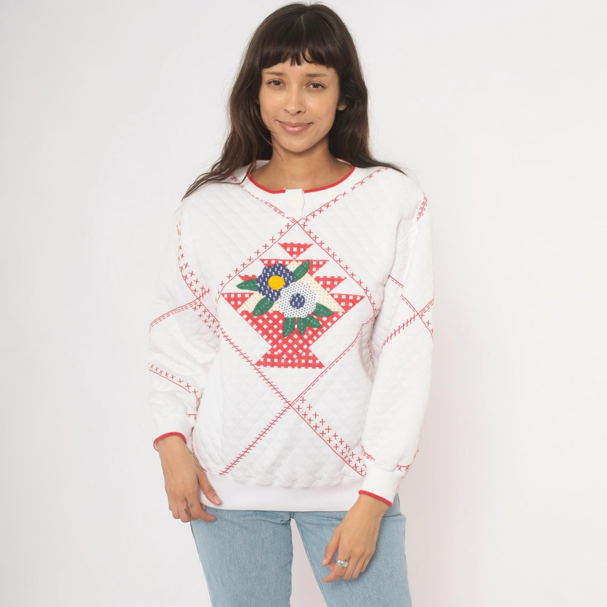 90s Jason Maxwell Quilted Floral Henley Sweatshirt White Red Cross Stitch Large L