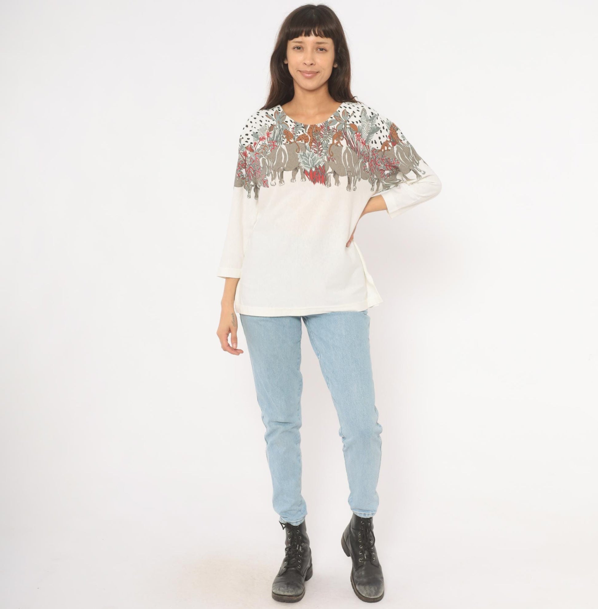 90s Enchante Sport Safari Animal Print Top Cream Jungle Scene Large L