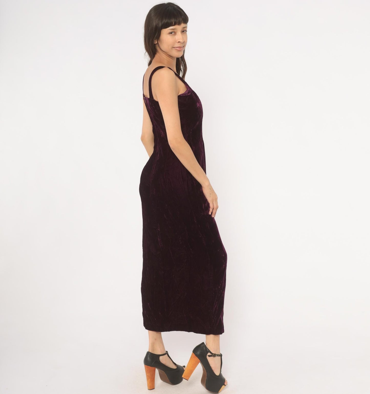 70s Plum Velvet Maxi Dress Sweetheart Neckline Side Slit Medium M