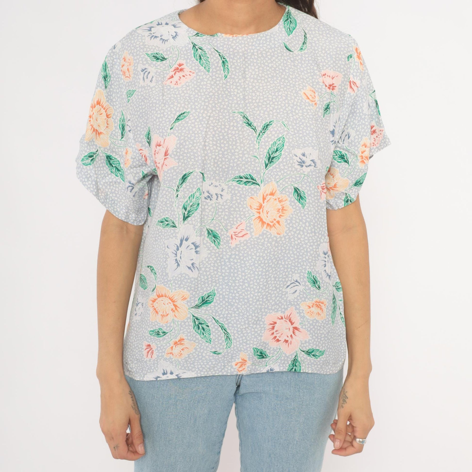 90s JH Collectibles Botanical Floral Blouse Lavender Periwinkle Medium M