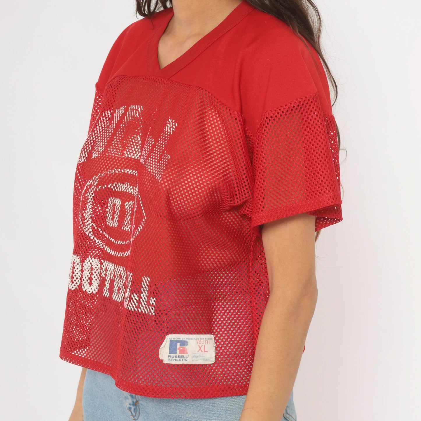 90s Russell Athletic Mesh Football Jersey Red Graphic Crop Medium