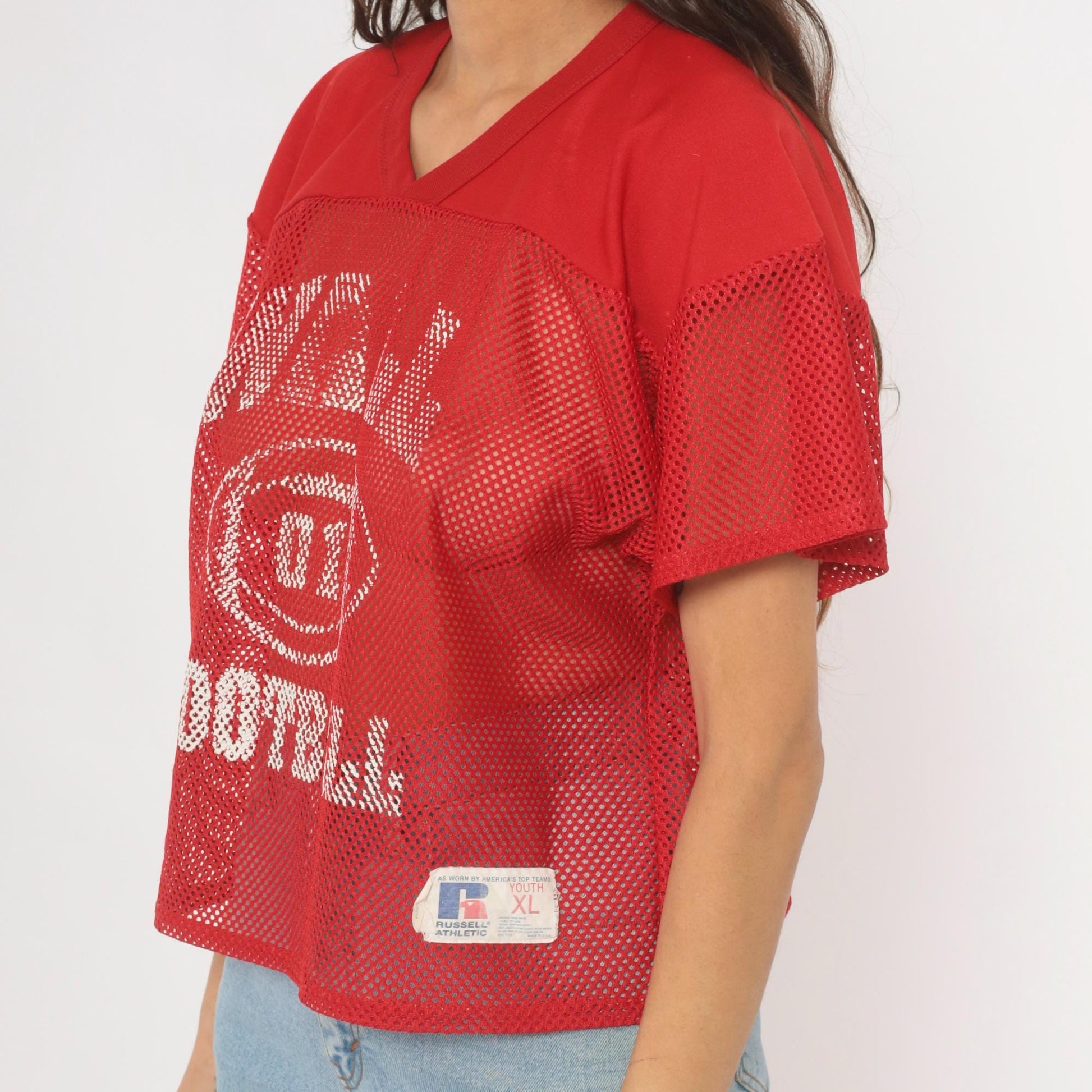 90s Russell Athletic Mesh Football Jersey Red Graphic Crop Medium