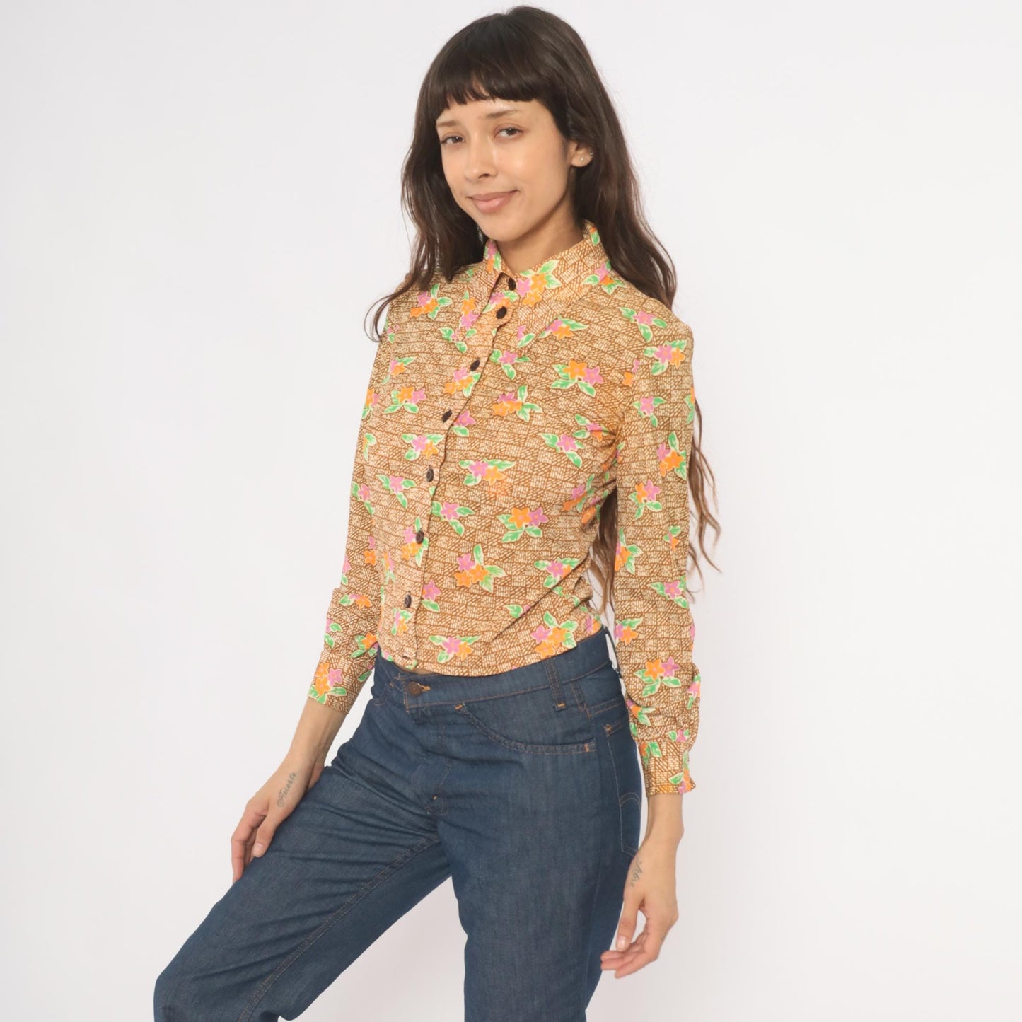 70s Floral Button-Up Blouse Pointed Collar Brown Pink Orange Green Small