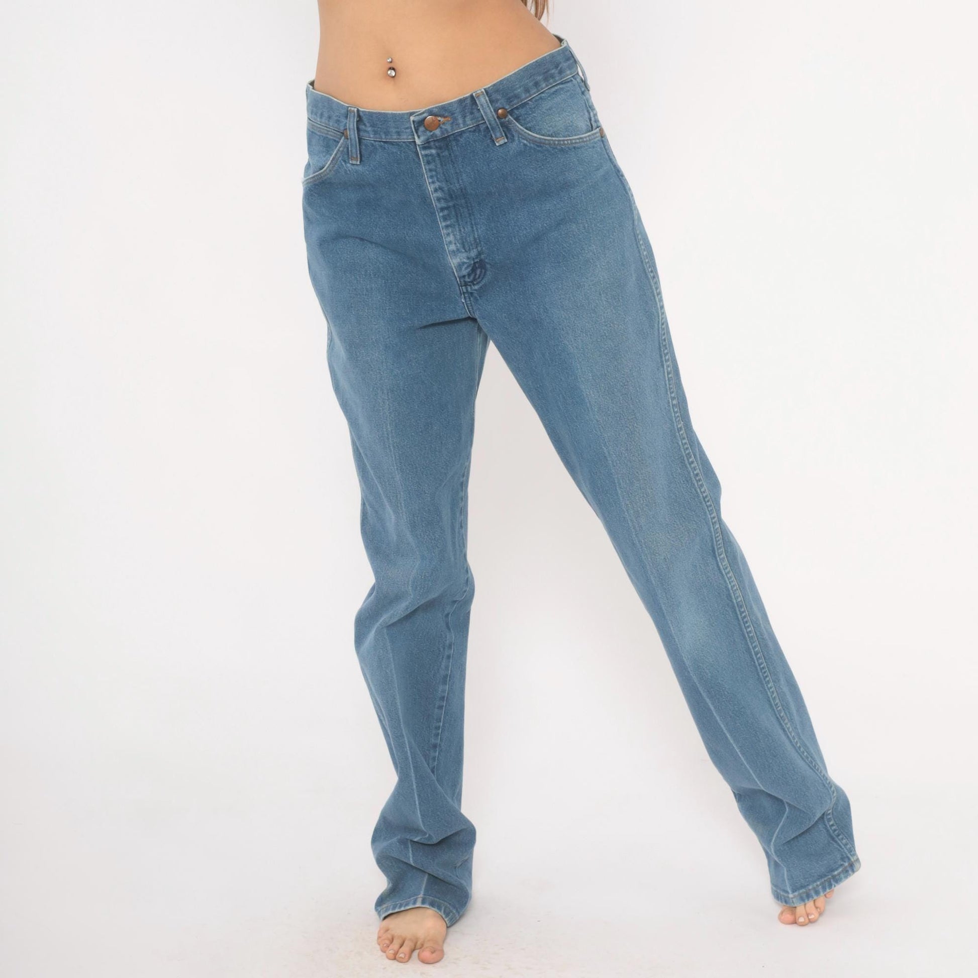 90s Wrangler Straight Leg Jeans Medium Blue Faded Denim Cotton 34x36