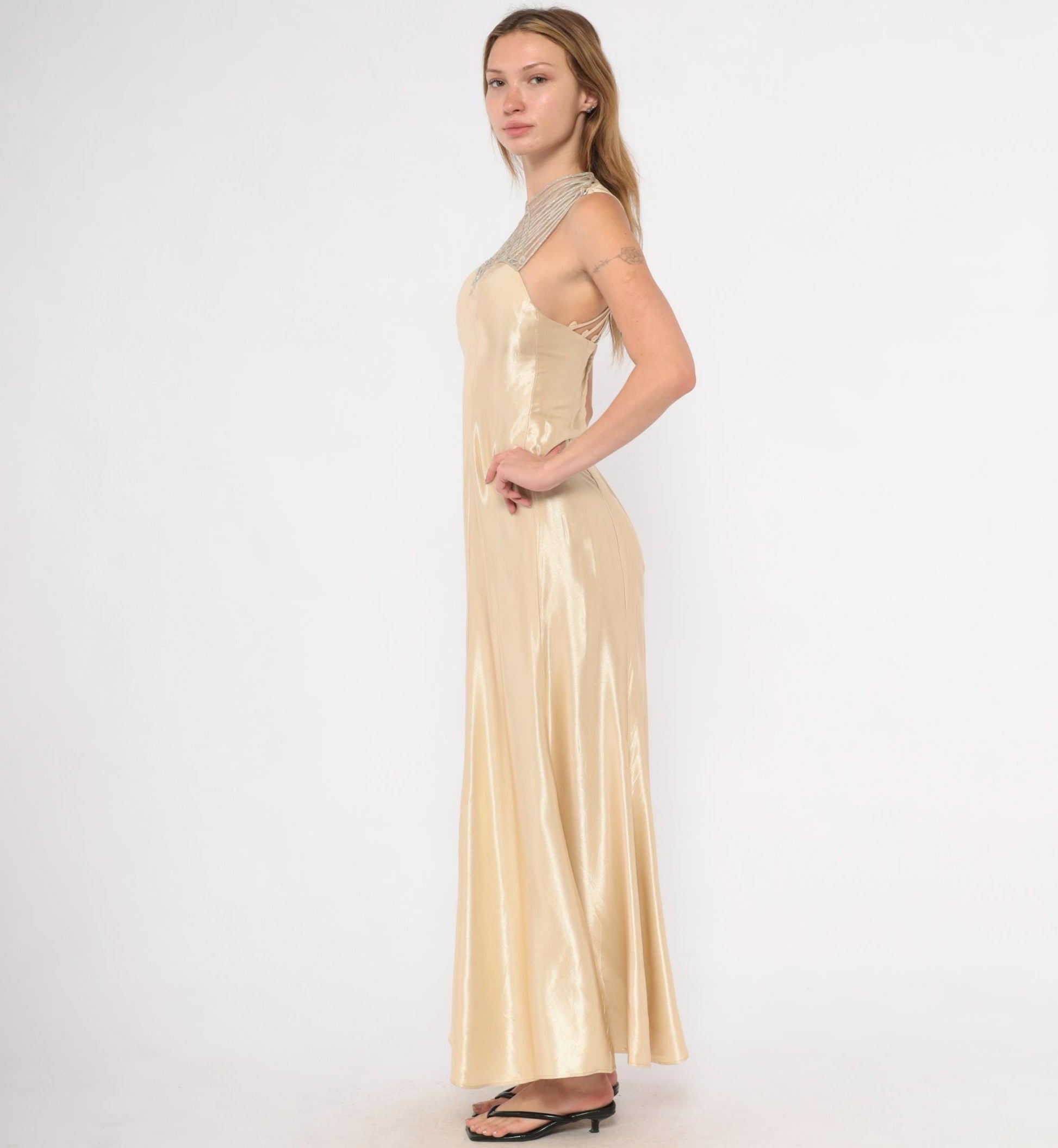 90s Champagne Satin Maxi Dress Criss Cross Straps Sweetheart Bodice Gold Evening Gown Extra Small XS