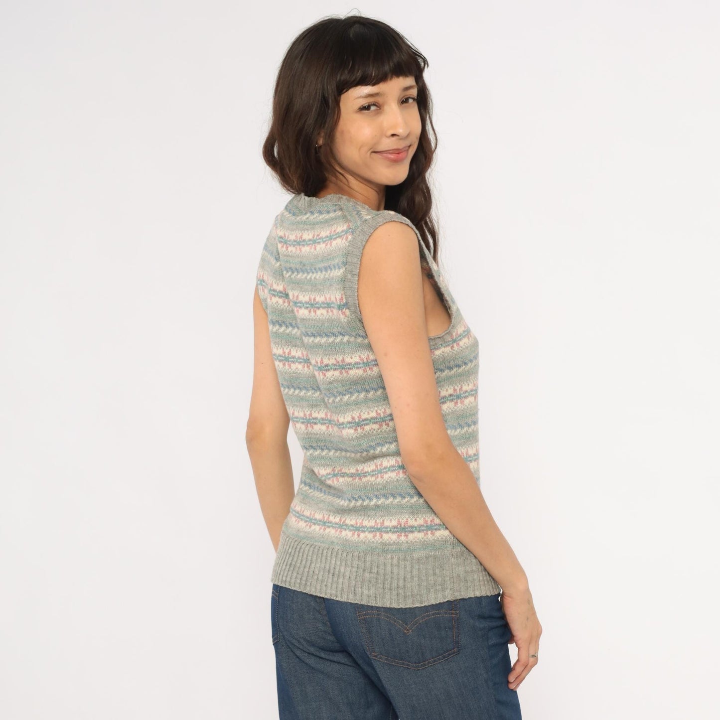 80s JJ McWays Fair Isle Sweater Vest Wool Blend Grey Pink Blue Small