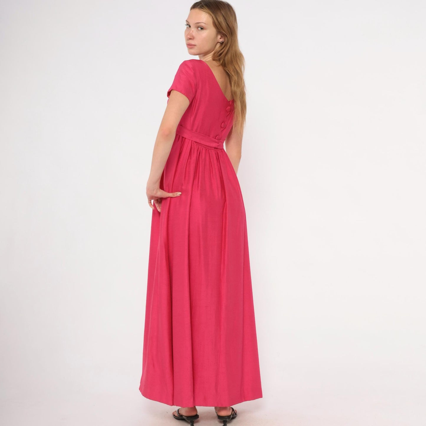 60s Emma Domb Fuchsia Empire Waist Maxi Gown Cap Sleeve Extra Small XS