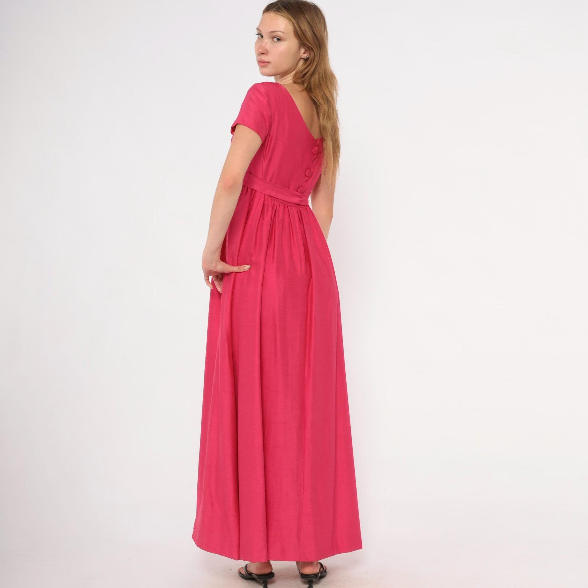 60s Emma Domb Fuchsia Empire Waist Maxi Gown Cap Sleeve Extra Small XS