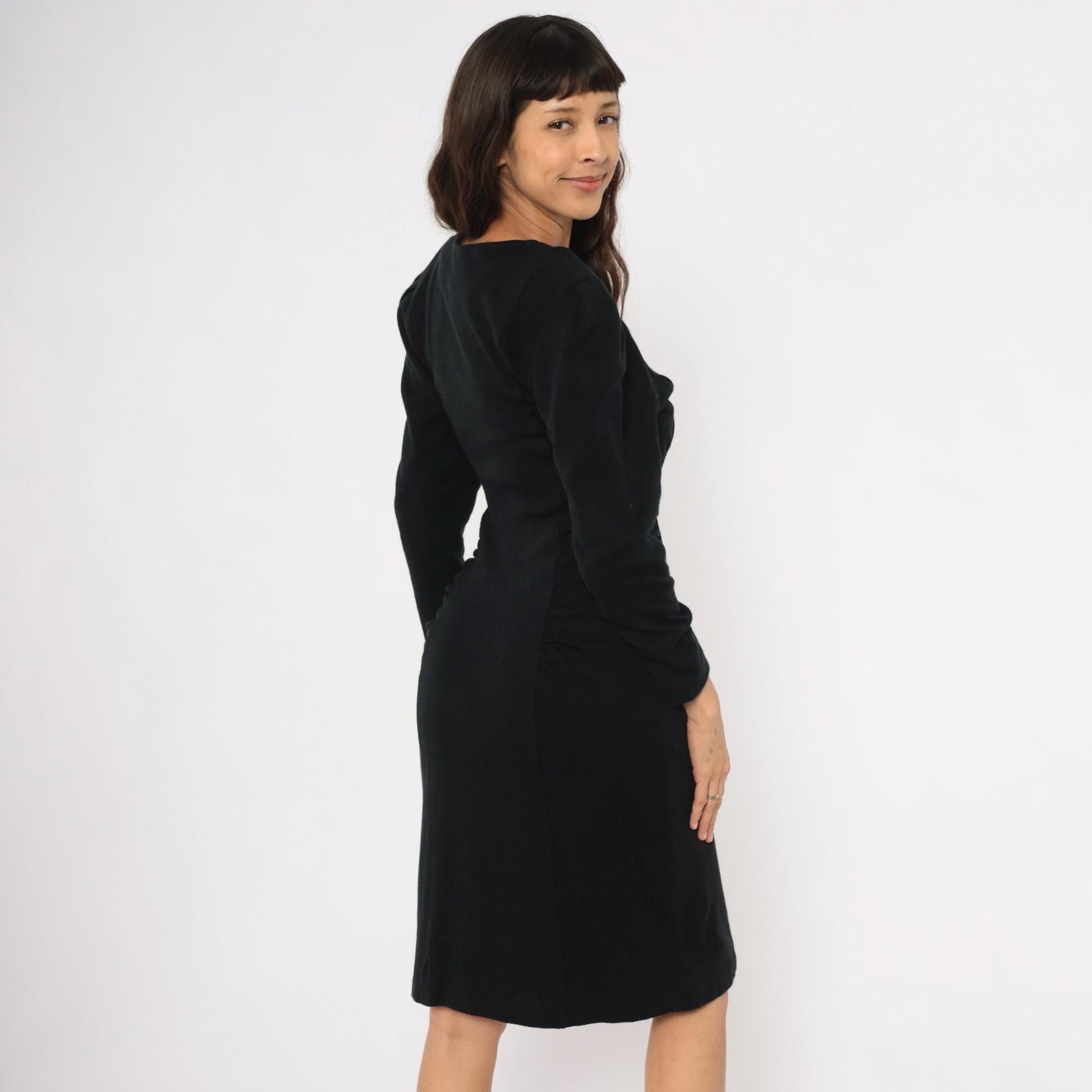 80s All That Jazz Black Puff Sleeve Dress Gold Buttons Ruched Waist Small S