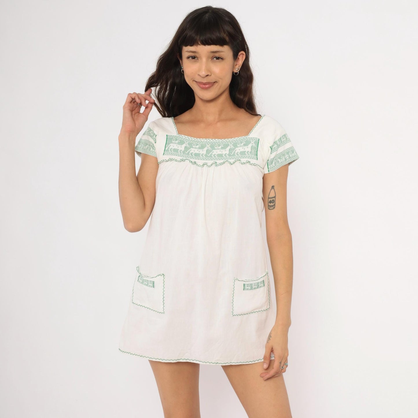 80s White Green Embroidered Deer Mini Dress Cotton Puff Sleeve Square Neck Extra Small XS