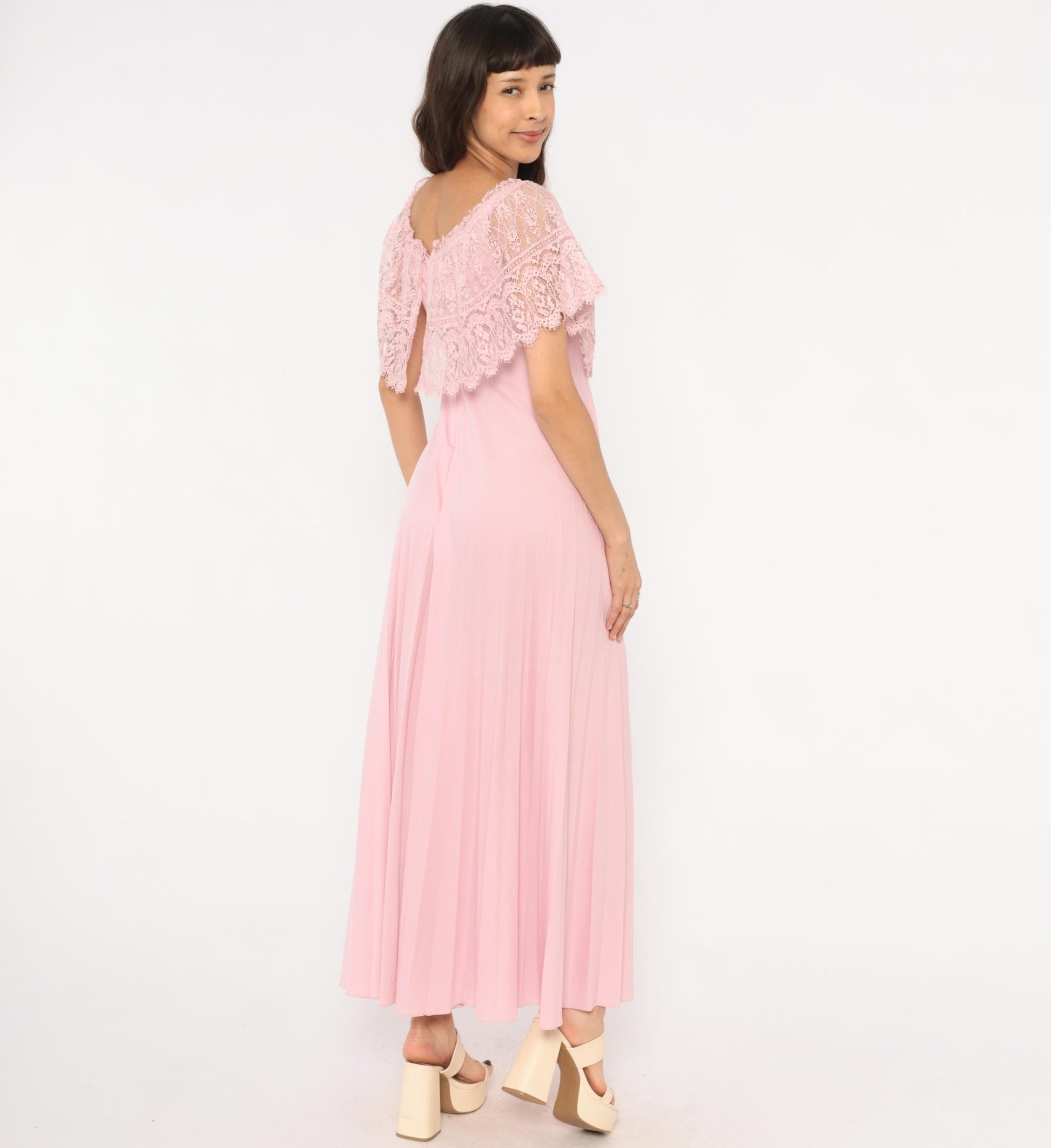 70s Pink Lace Cape Maxi Dress Scalloped Flutter Sleeve Accordion Pleated Small S