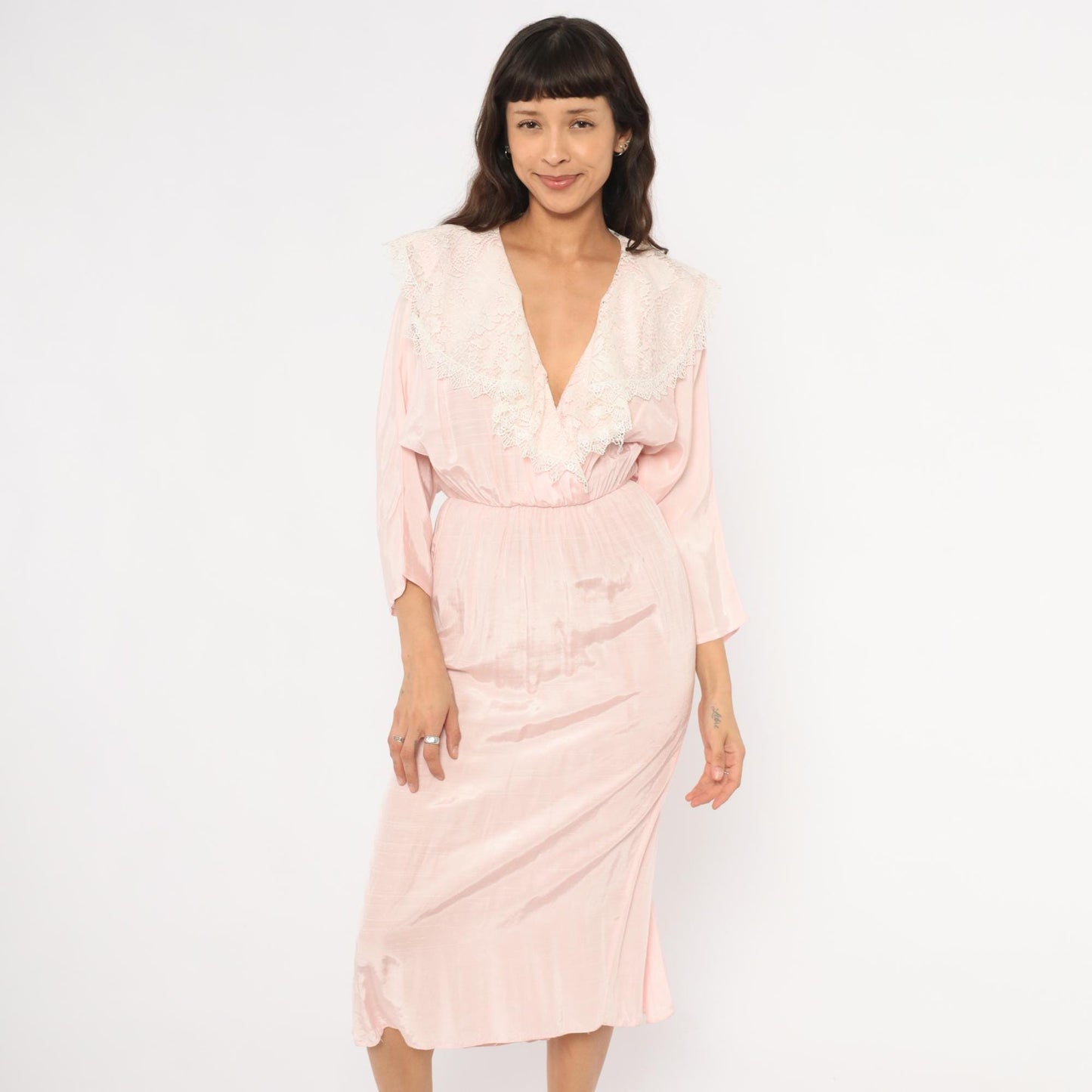 80s DQ Fashions Blush Pink Midi Dress Lace Collar V-Neck Small S