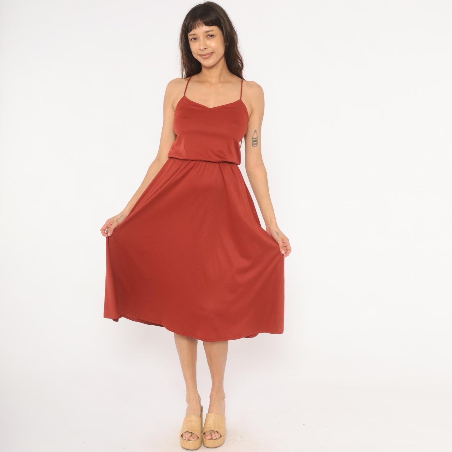 70s Niki Rust Midi Sundress V Neck Blouson Waist Flared Skirt Extra Small XS