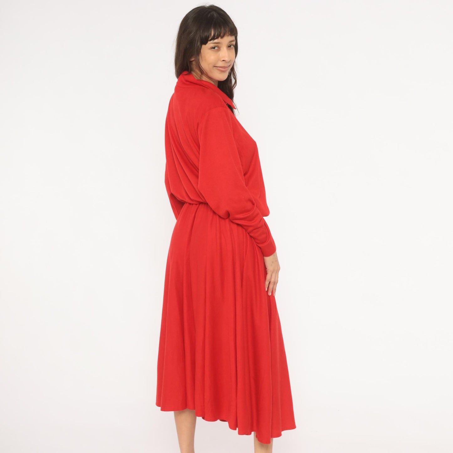 90s Positive Attitude Red Polo Dress Maxi Gathered Waist Long Sleeve Large L