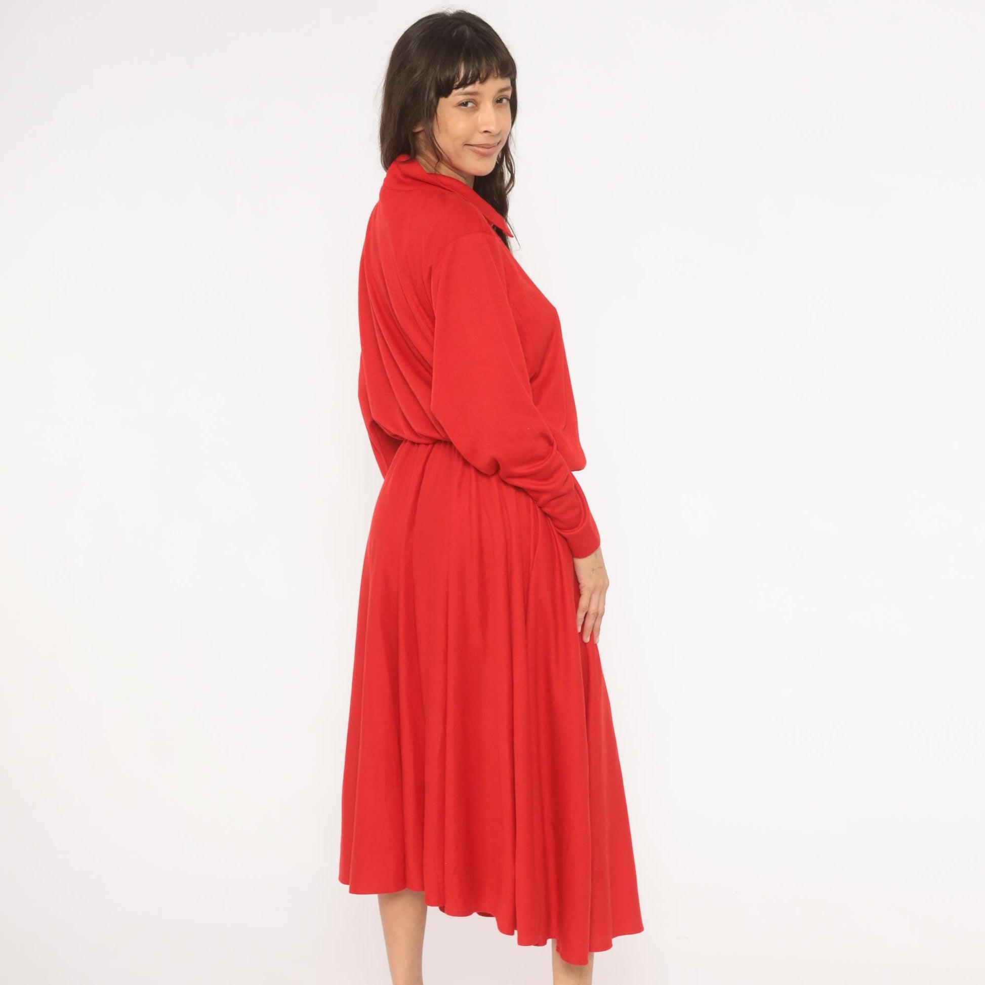 90s Positive Attitude Red Polo Dress Maxi Gathered Waist Long Sleeve Large L