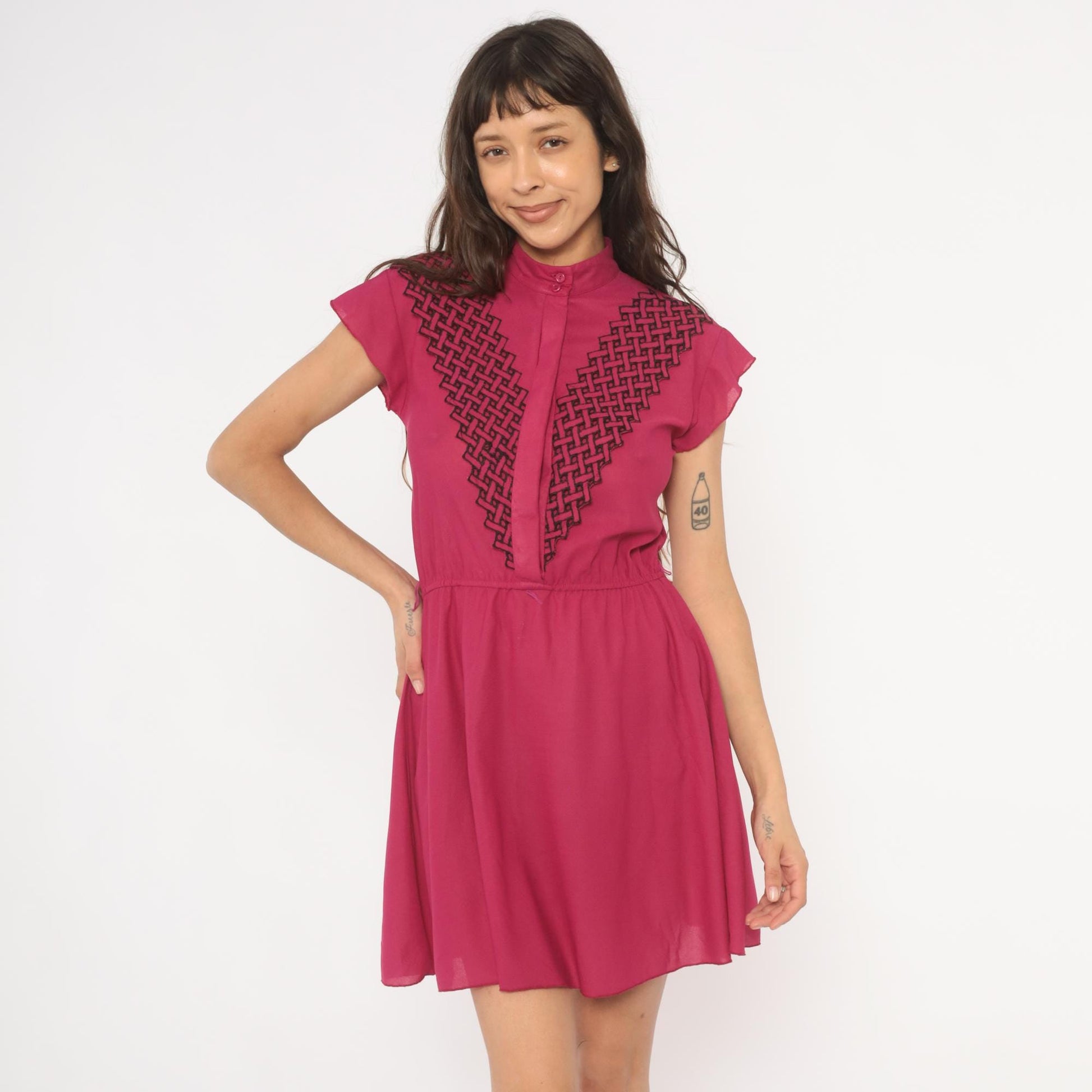 80s Good News from California Fuchsia Mini Dress Mandarin Collar Geometric Embroidery Small S