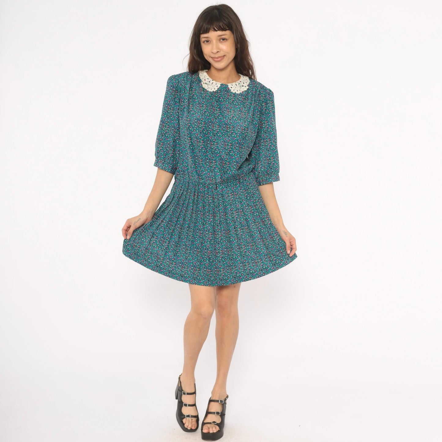 80s Brelli Originals Ditsy Floral Mini Dress Puff Sleeve Peter Pan Collar Large L