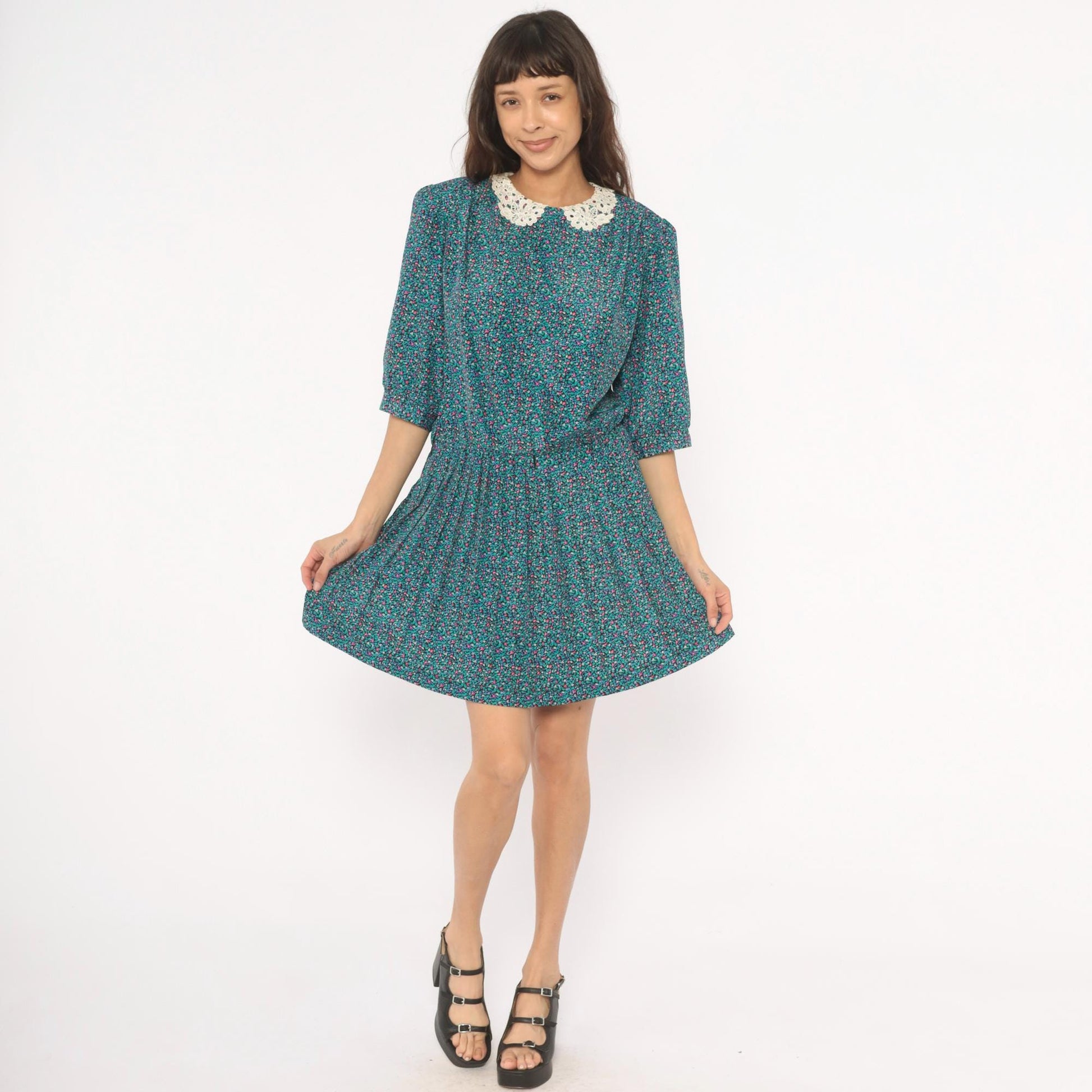 80s Brelli Originals Ditsy Floral Mini Dress Puff Sleeve Peter Pan Collar Large L