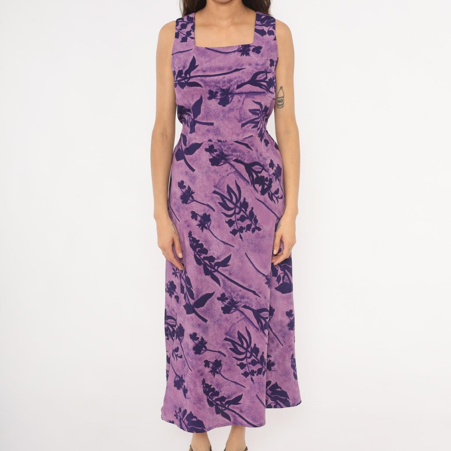 90s Jaclyn Smith Purple Floral Maxi Dress Square Neck Sleeveless Small S