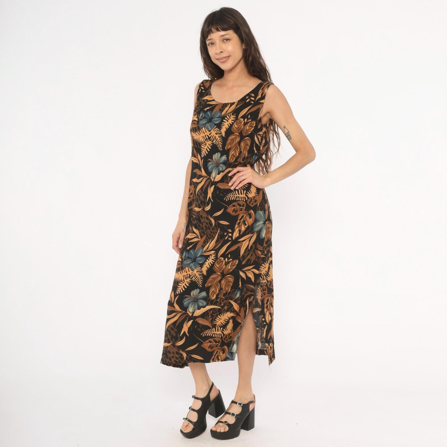 90s California Krush Tropical Floral Midi Dress Sleeveless Black Medium M