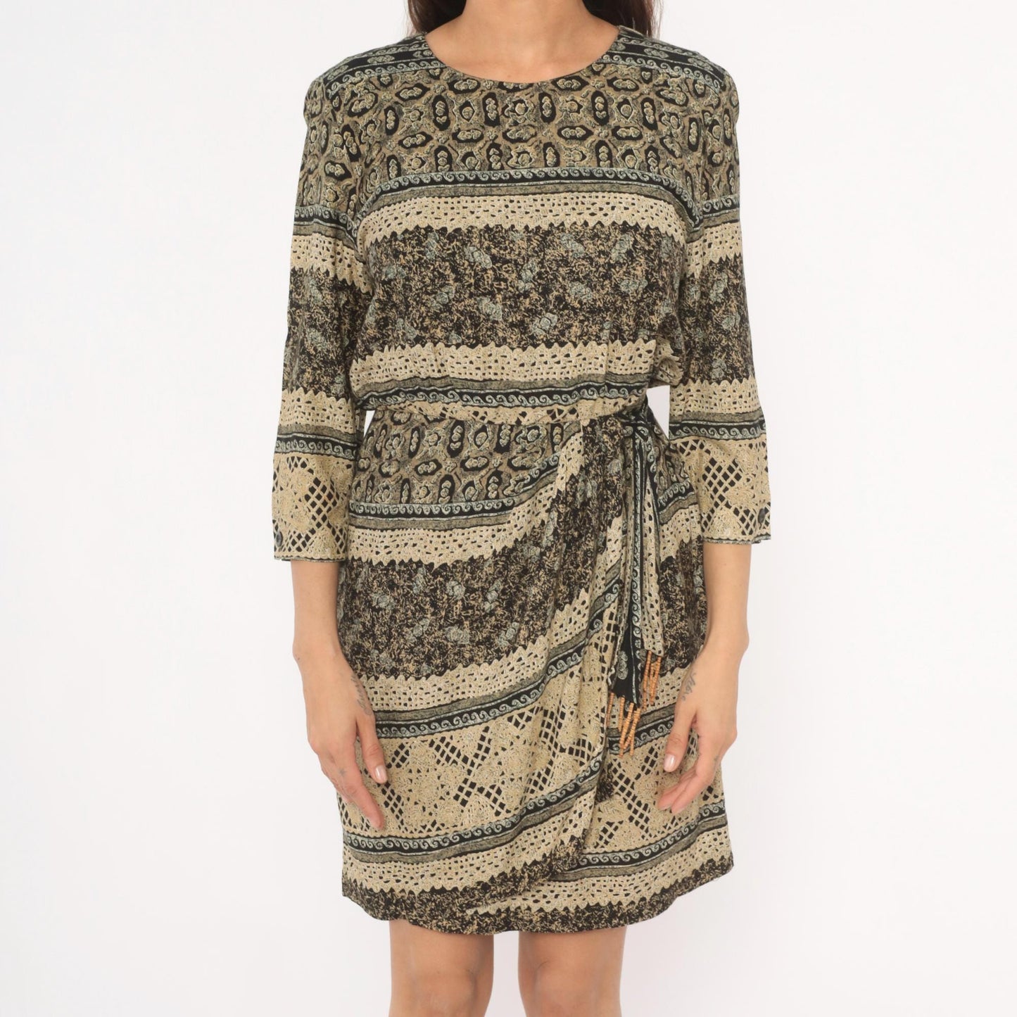 90s RJ Stevens Mini Dress Paisley Floral Stripe Black Tan Olive Medium M
