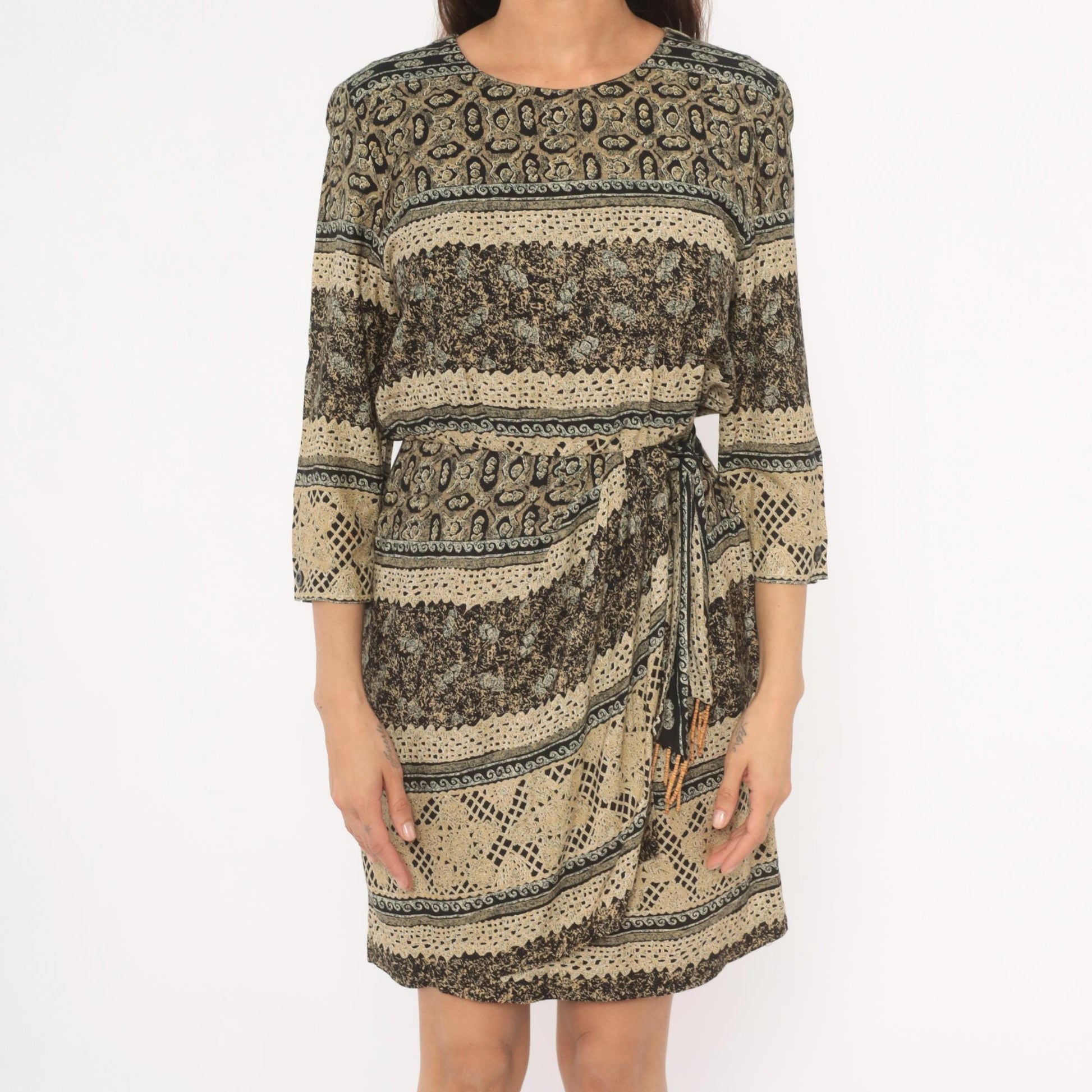 90s RJ Stevens Mini Dress Paisley Floral Stripe Black Tan Olive Medium M