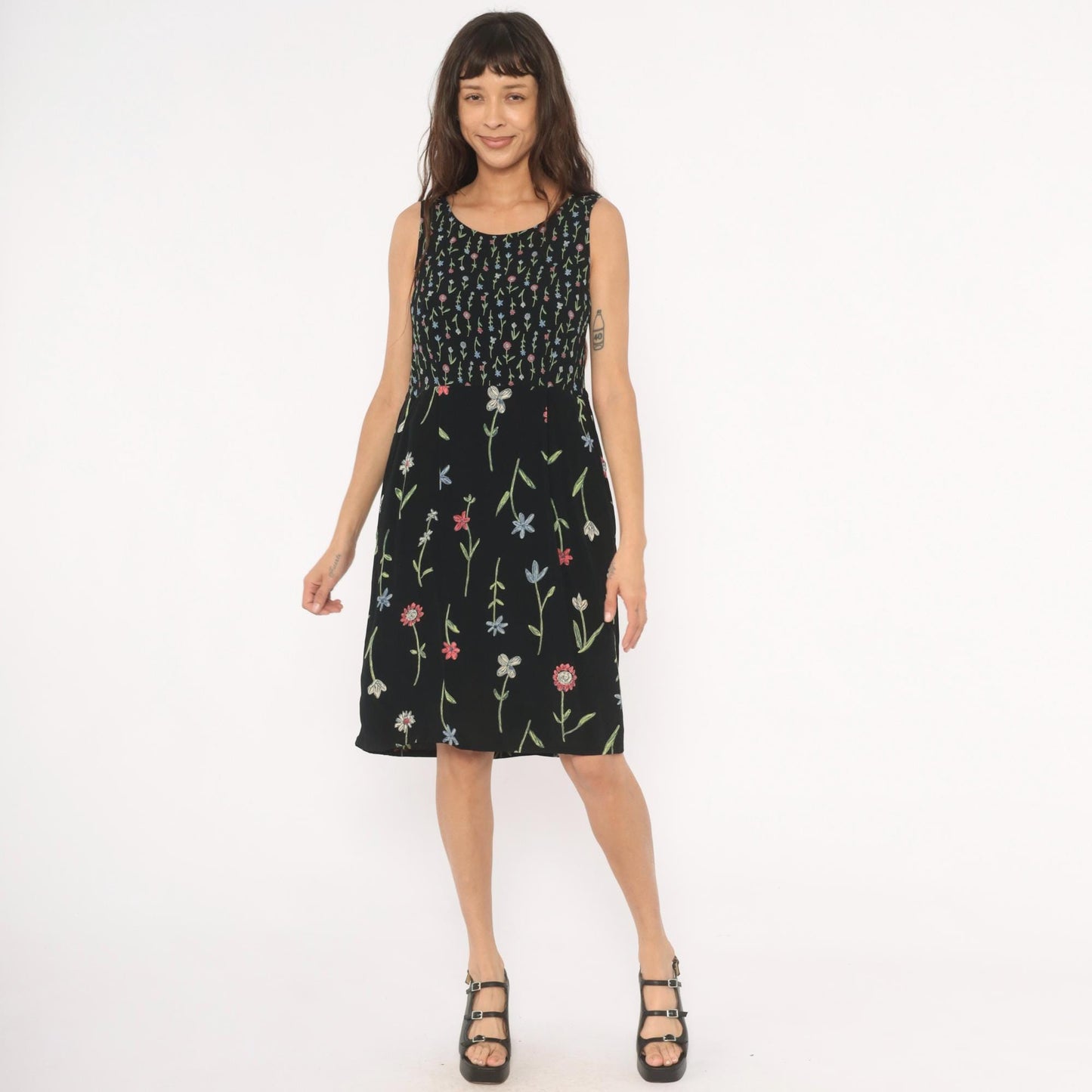 90s Putumayo Black Floral Sundress Knee Length Wildflower Embroidered Medium M