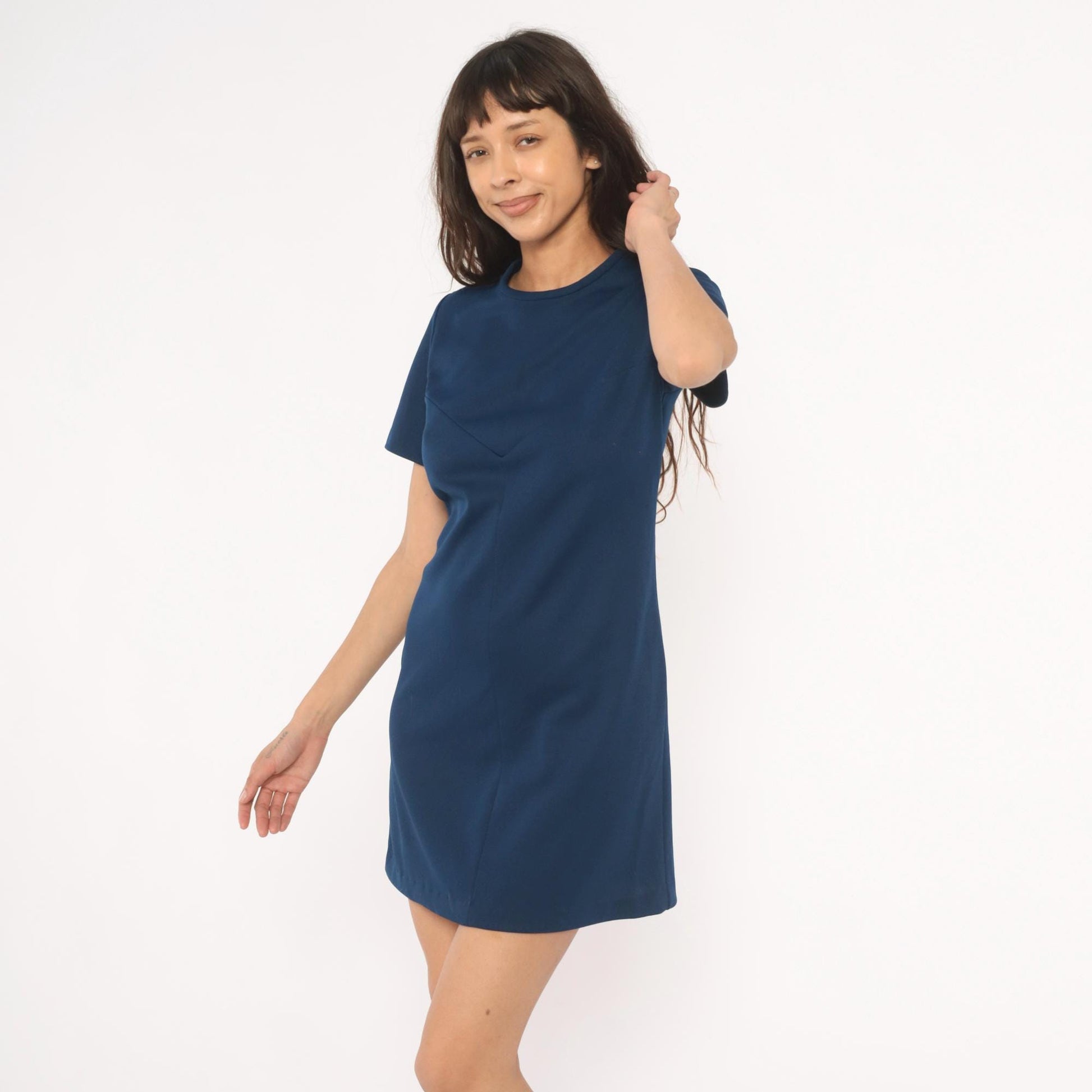 70s Navy Shift Dress Mini A-Line Short Sleeve Crew Neck Sears Knit Small S