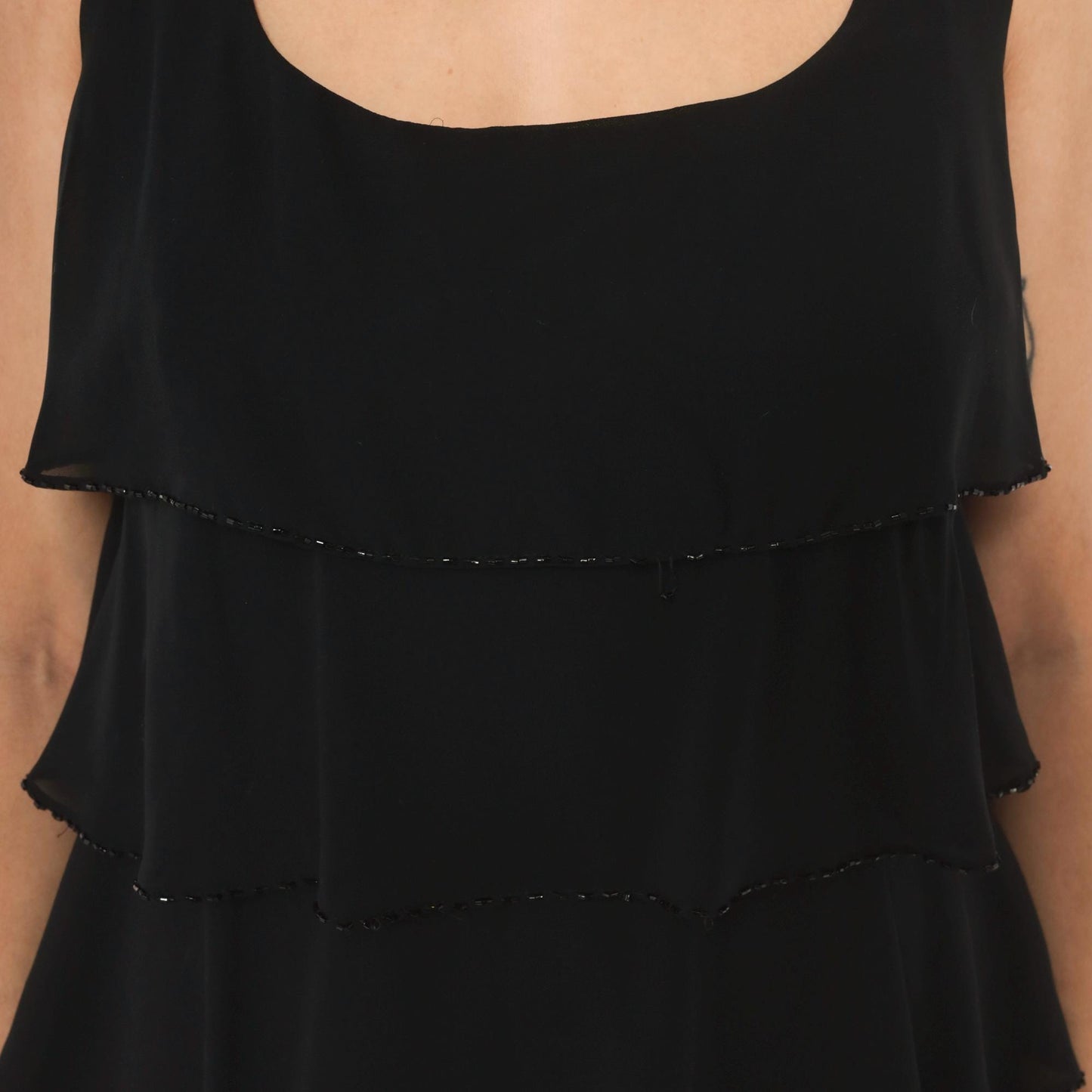 90s Patra Black Chiffon Tiered Ruffle Mini Dress Beaded Trim Medium M