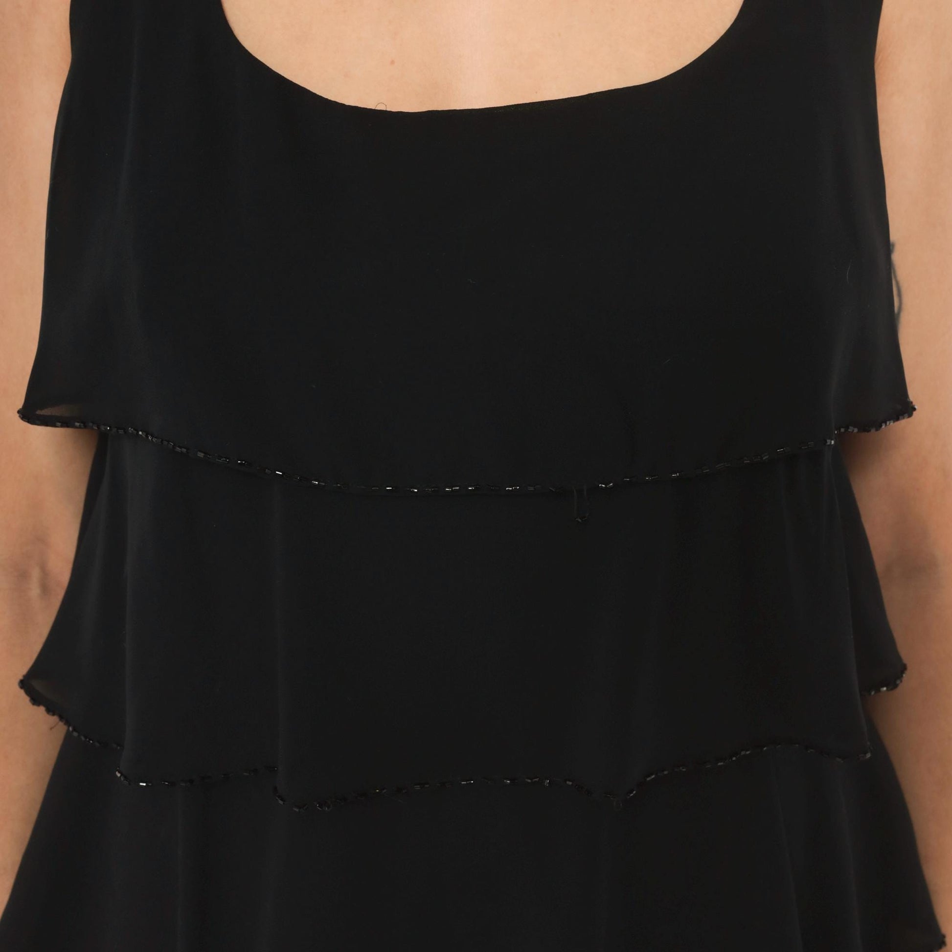 90s Patra Black Chiffon Tiered Ruffle Mini Dress Beaded Trim Medium M