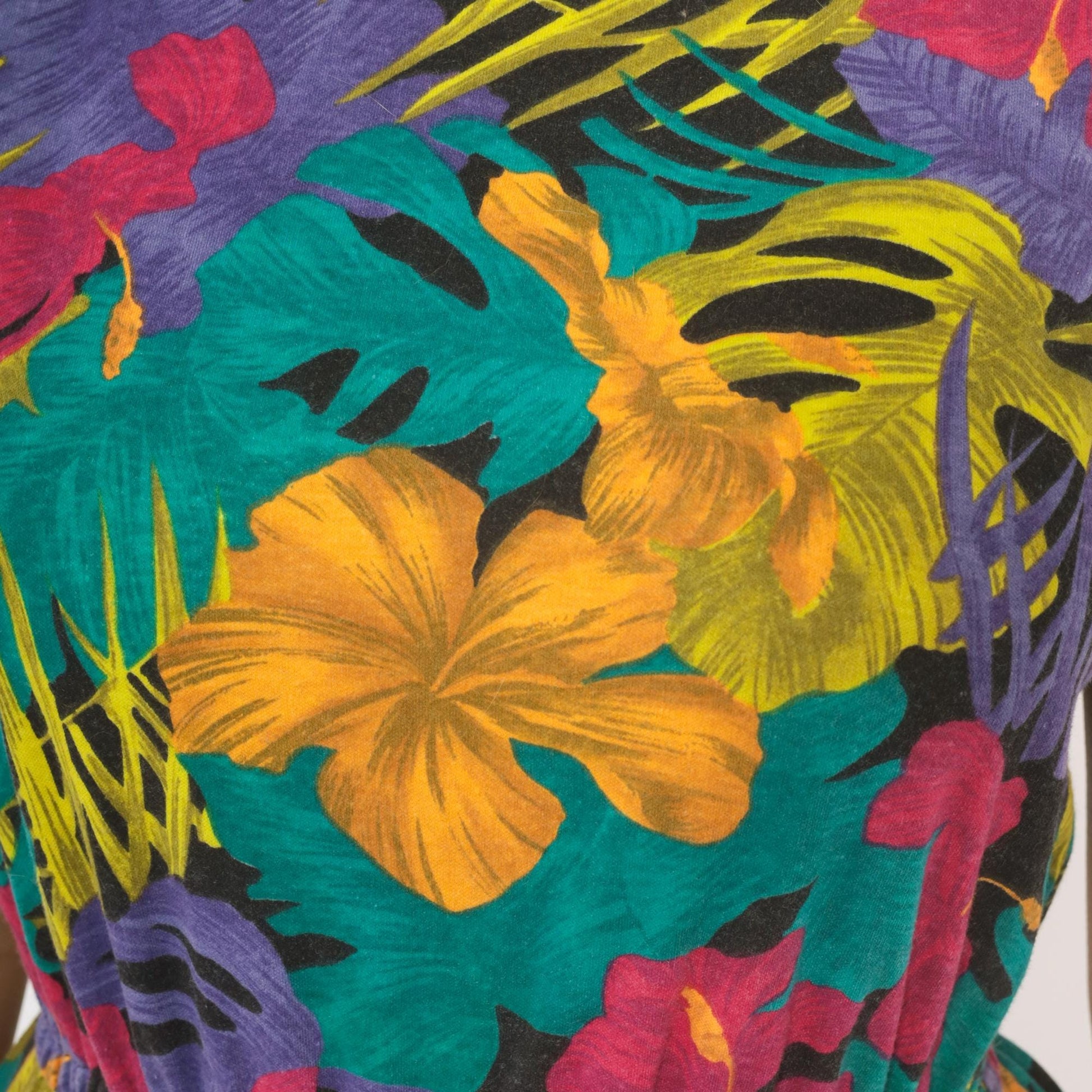 90s Ifi Tropical Floral Sundress Hibiscus Monstera Print Scoop Neck Medium M