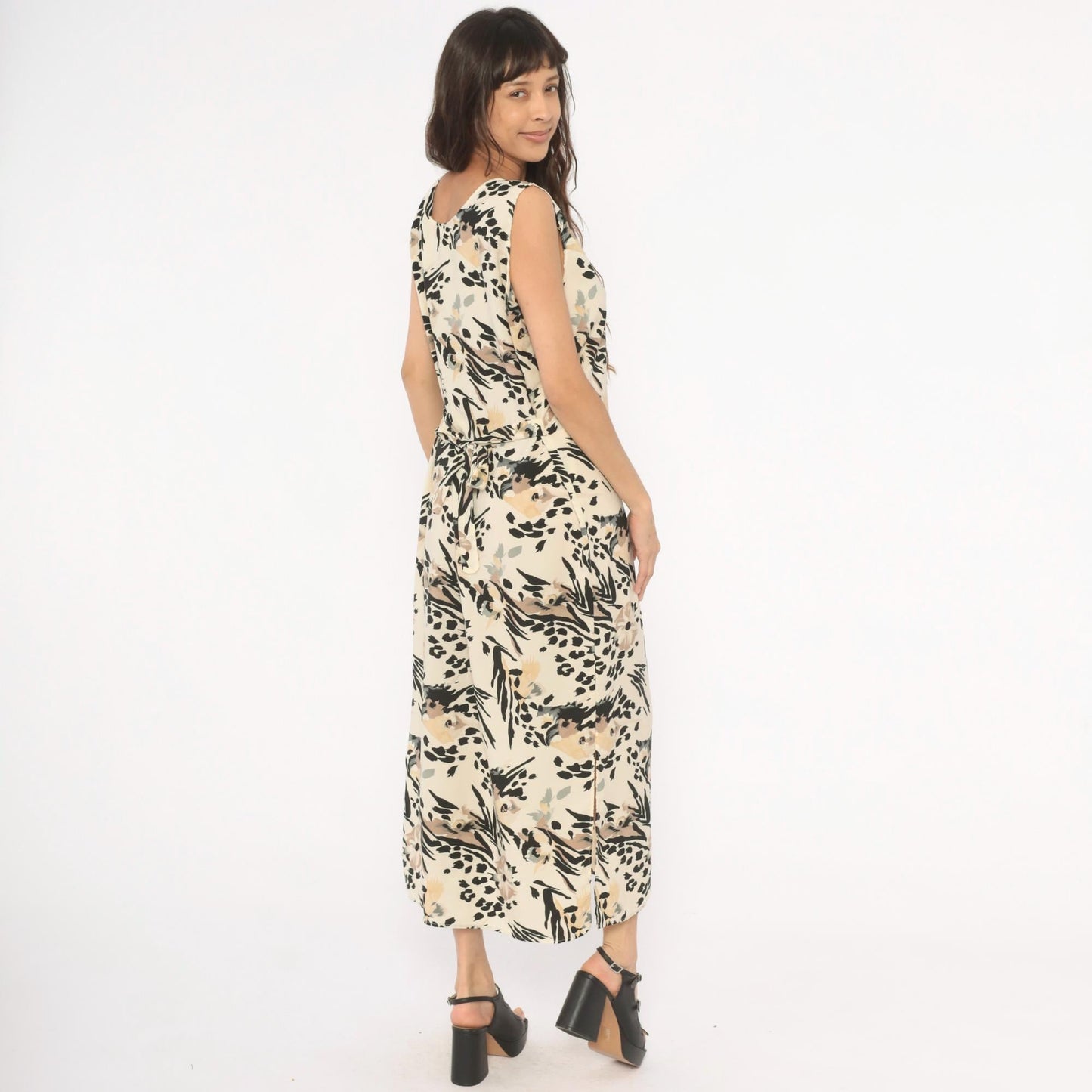 90s Ann Mali Maxi Dress Cream Black Animal Print Tie Back Large L