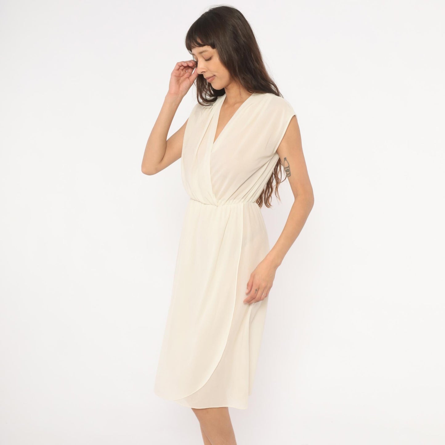 70s Oops Cream Wrap Dress V-Neck Cap Sleeve Midi Ivory Small S