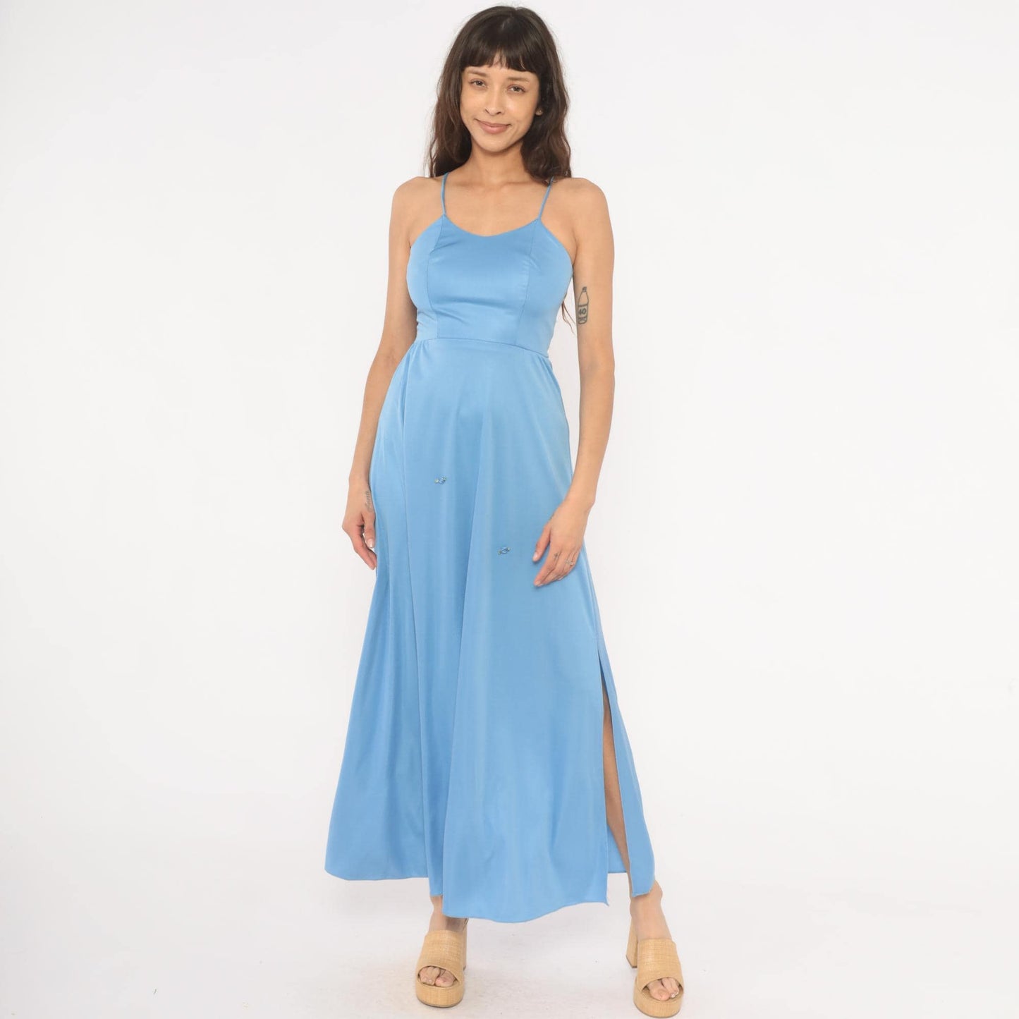 70s Sky Blue Maxi Dress Spaghetti Strap Rosette Detail Side Slit Extra Small XS