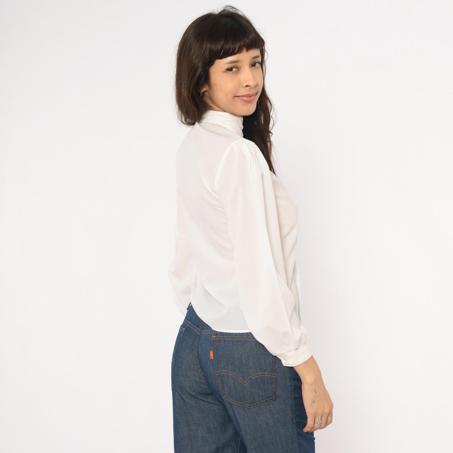 80s Kanga Sport White Pintuck Blouse Puff Sleeve High Collar Small S