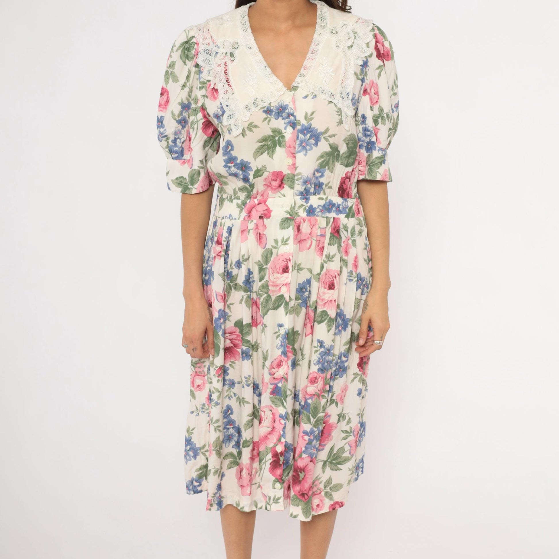 90s Karin Stevens Floral Midi Dress Lace Collar Puff Sleeve Pink Rose Large L