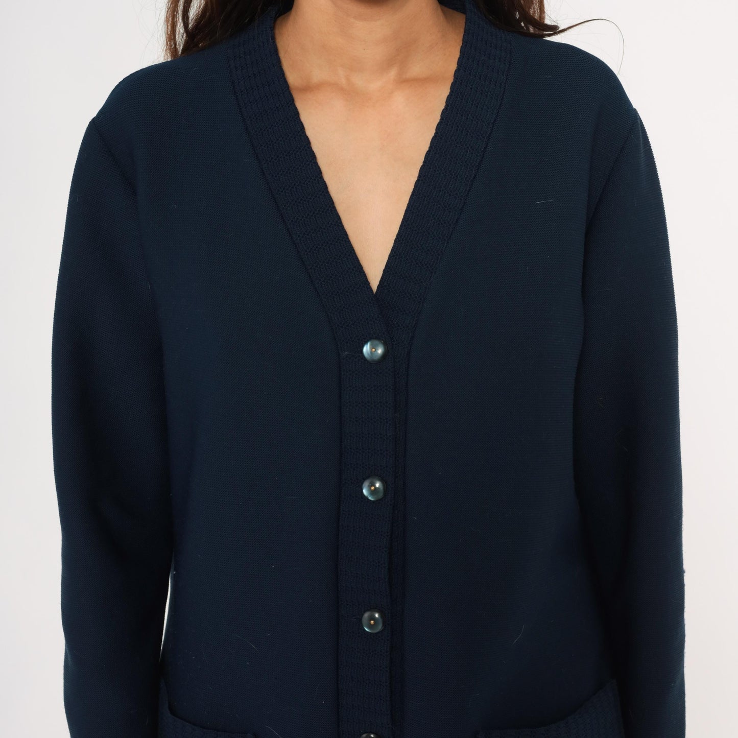 70s Navy Button Front Cardigan V Neck Knit Sweater Patch Pocket Large L