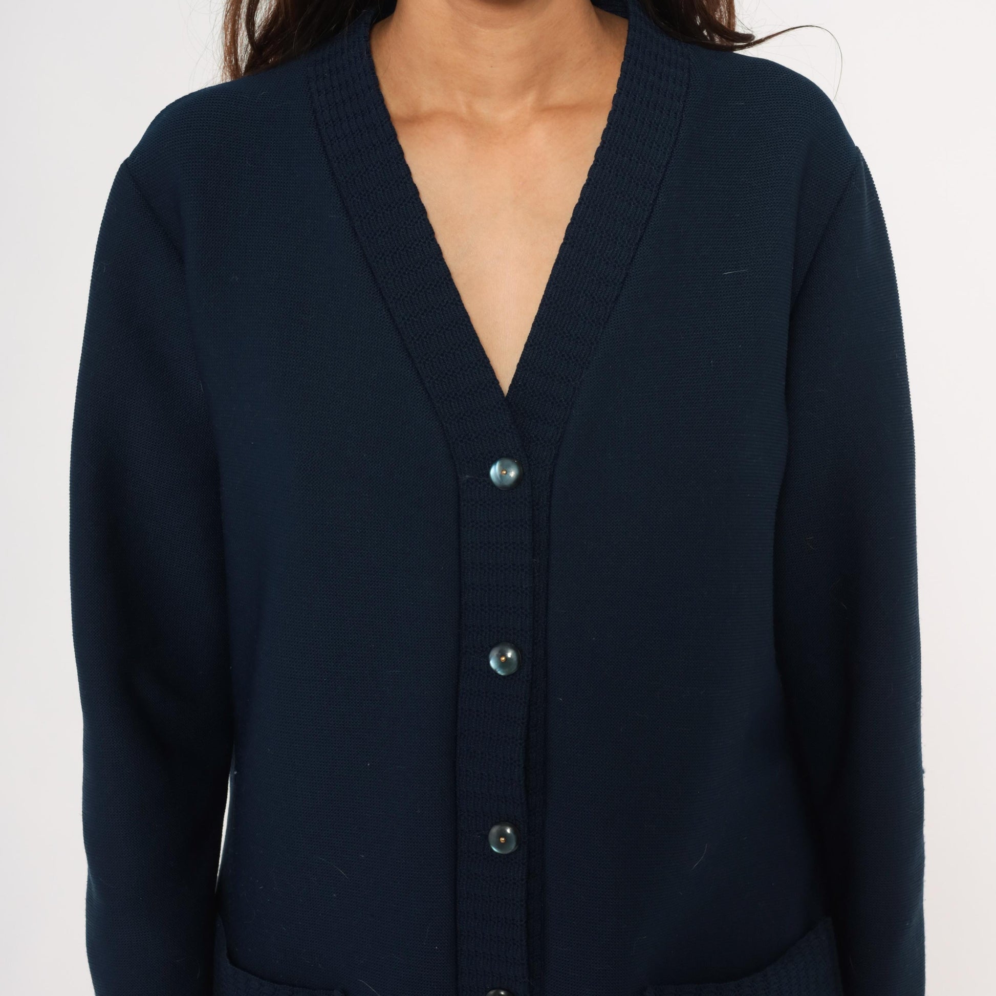 70s Navy Button Front Cardigan V Neck Knit Sweater Patch Pocket Large L