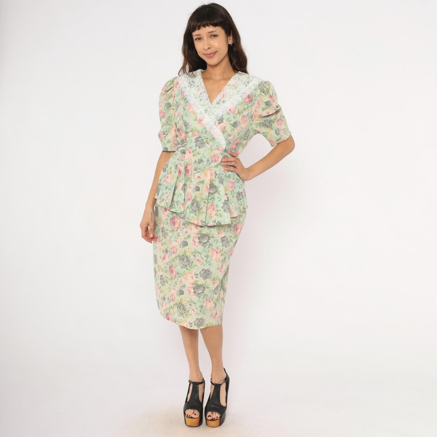 90s Sage Floral Peplum Dress Pink Rose Lace Collar Puff Sleeve Medium M