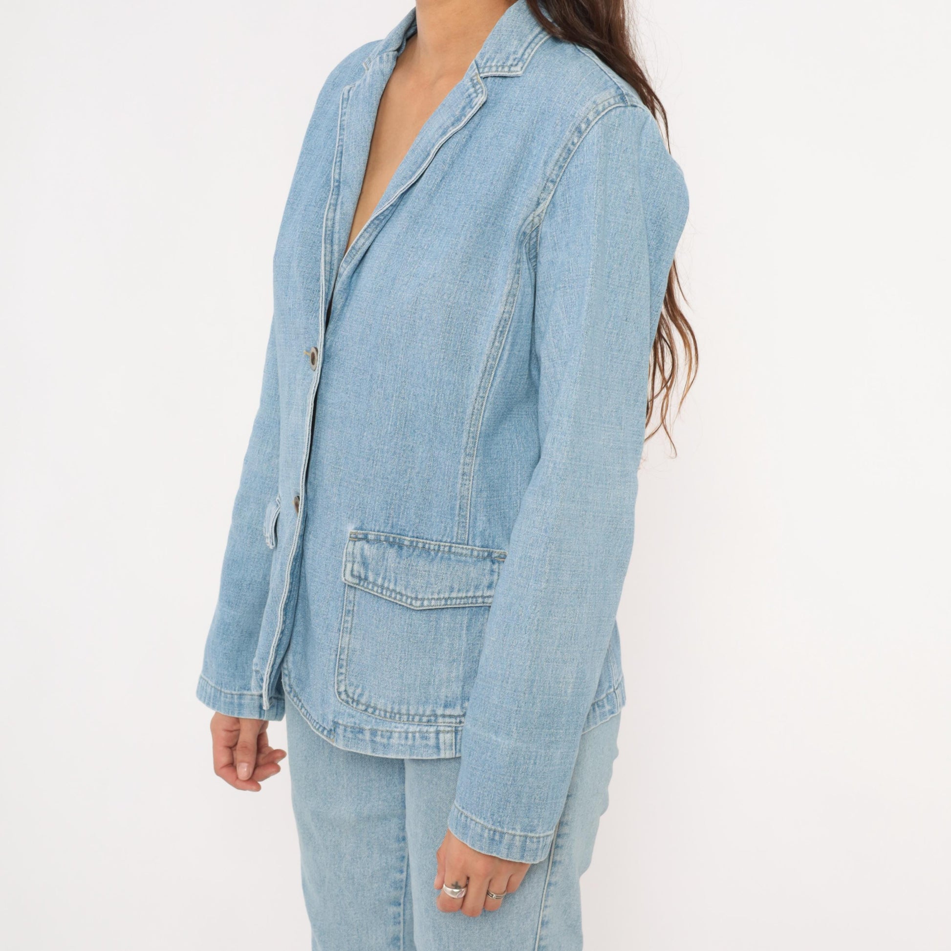 2000s Crazy Horse Light Wash Denim Blazer Notched Lapel Cotton Medium M