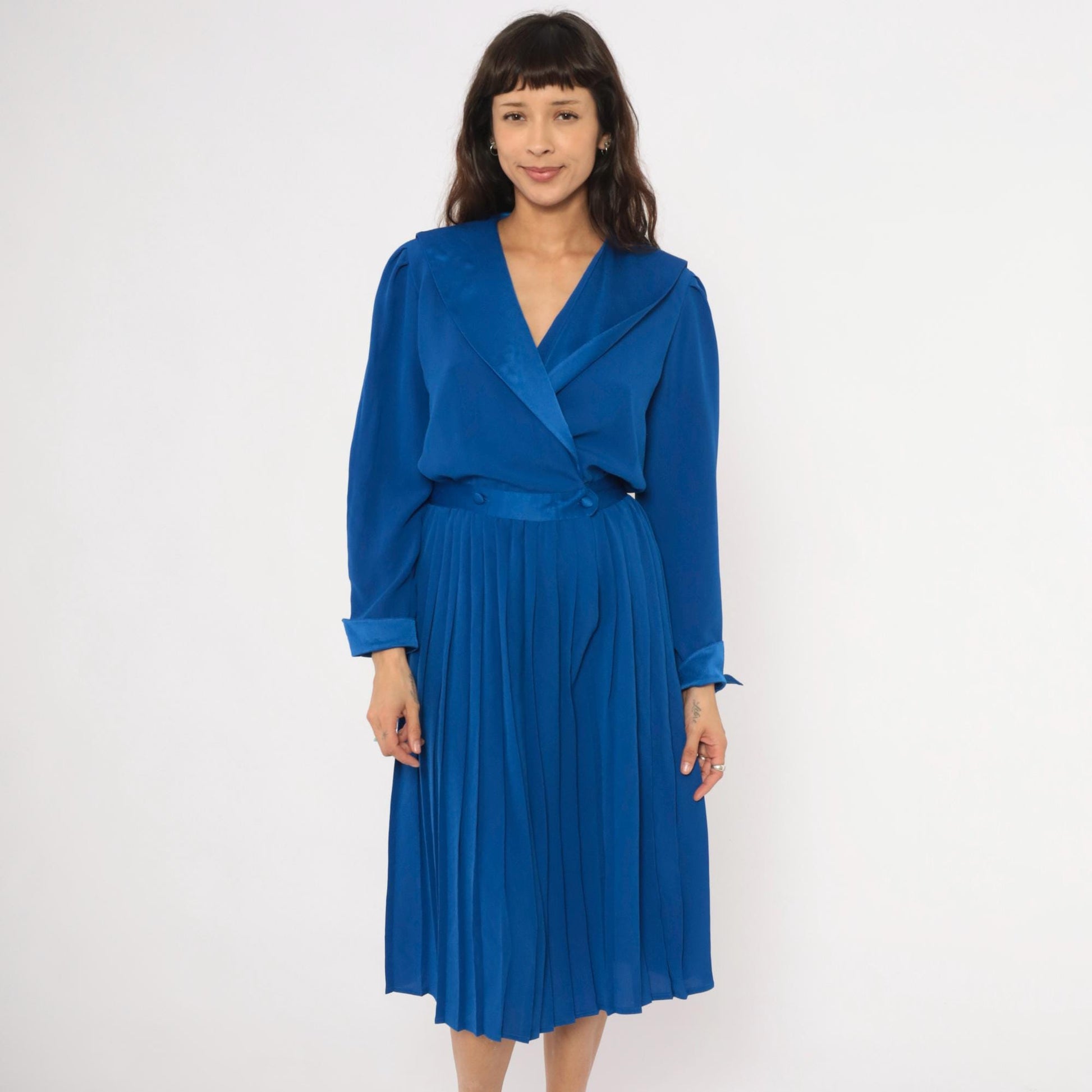 90s Petites for Maggy Cobalt Wrap Dress Puff Sleeve Pleated Knee-Length Medium