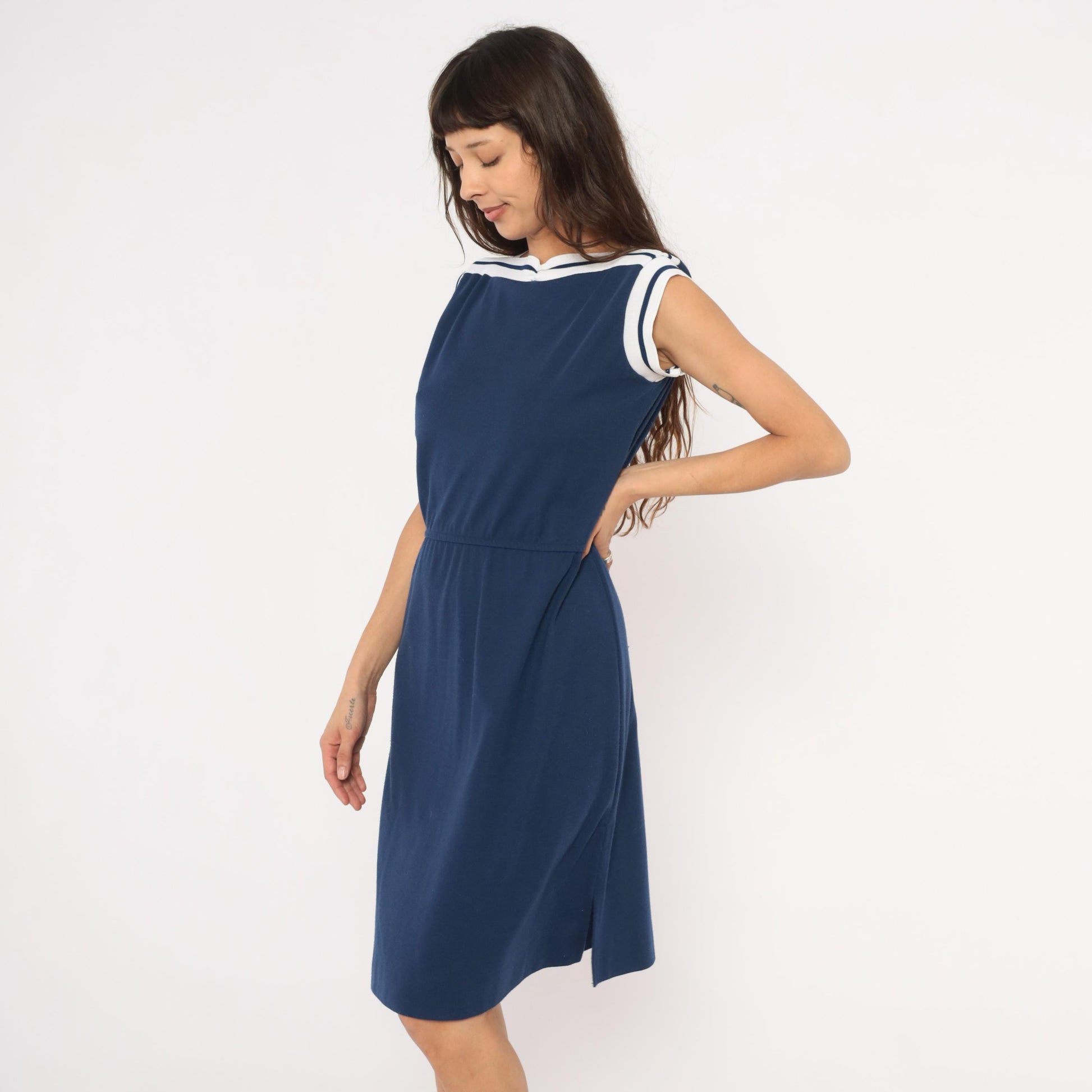 80s Navy Sailor Collar Dress Knee Length White Stripe Trim Cap Sleeve Large L