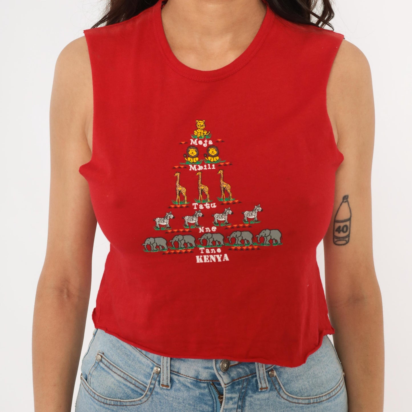 2000s Kenya Safari Animal Crop Tank Red Cotton Swahili Graphic XS