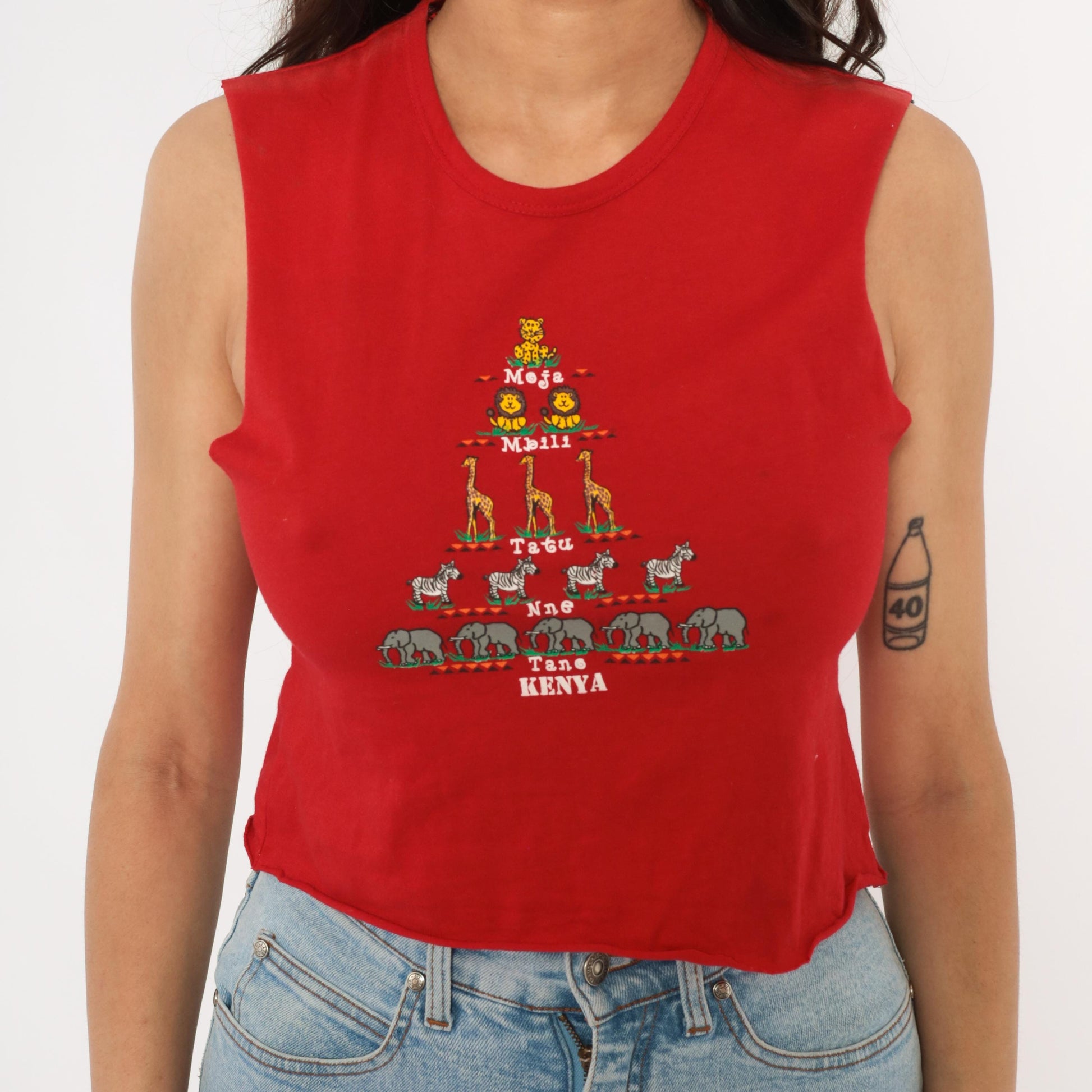 2000s Kenya Safari Animal Crop Tank Red Cotton Swahili Graphic XS
