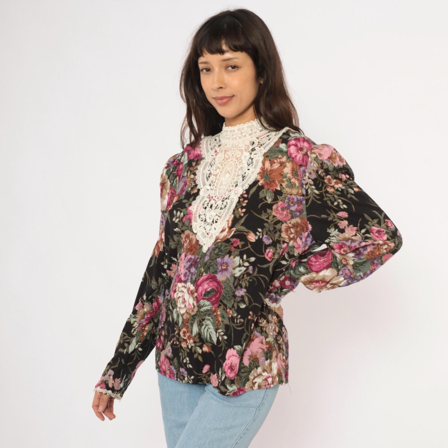90s Scott McClintock Black Floral Blouse Lace Bib Puff Sleeve Extra Large XL