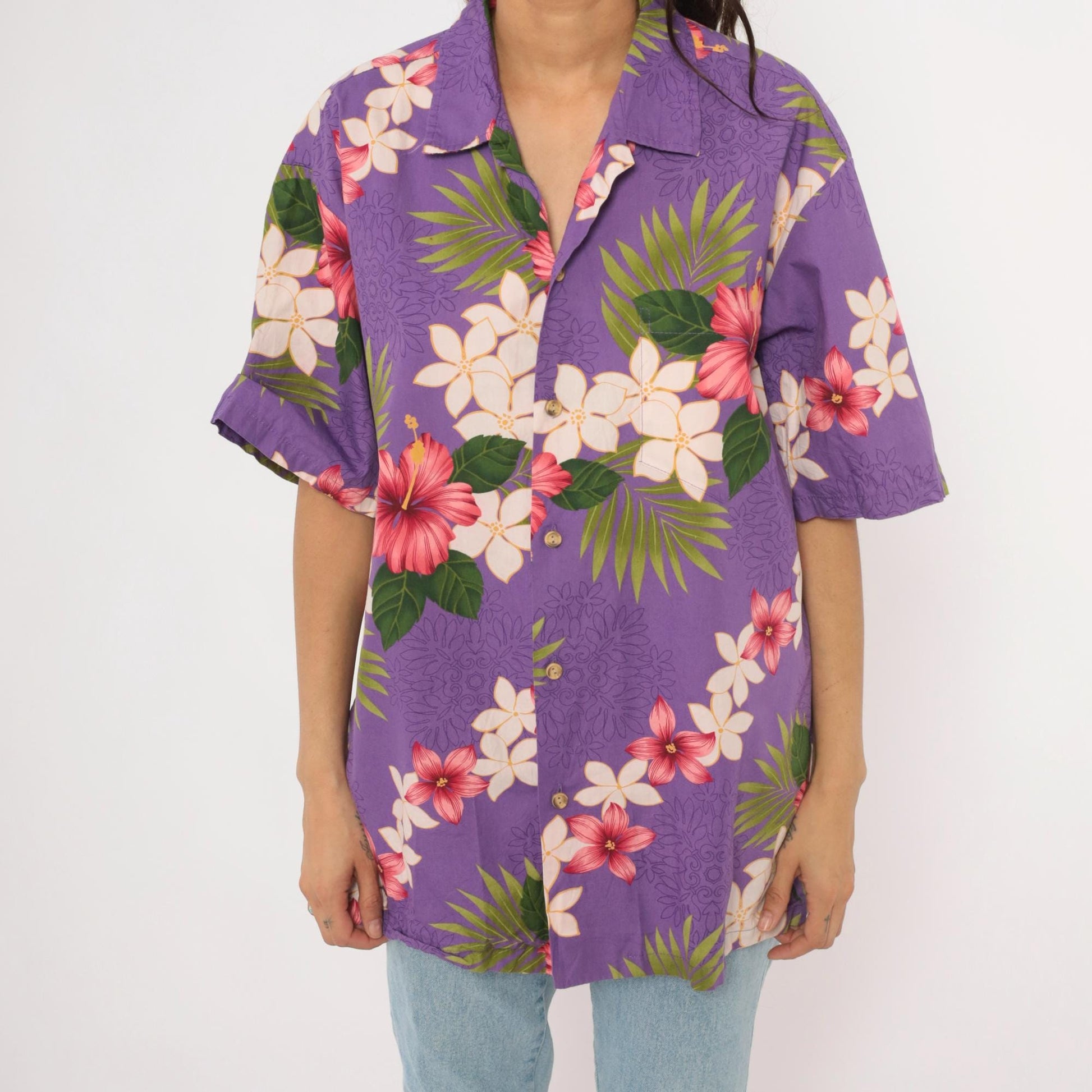 90s Purple Hawaiian Shirt Tropical Floral Hibiscus Plumeria Cotton Extra Large XL