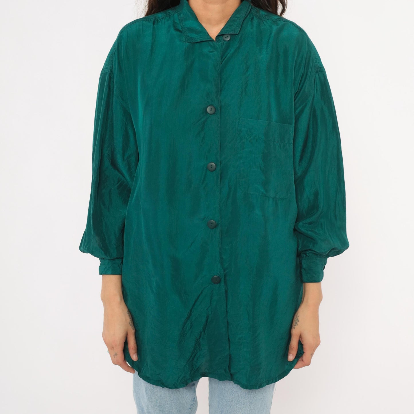 90s The Limited Teal Silk Button Shirt Camp Collar Balloon Sleeve Small