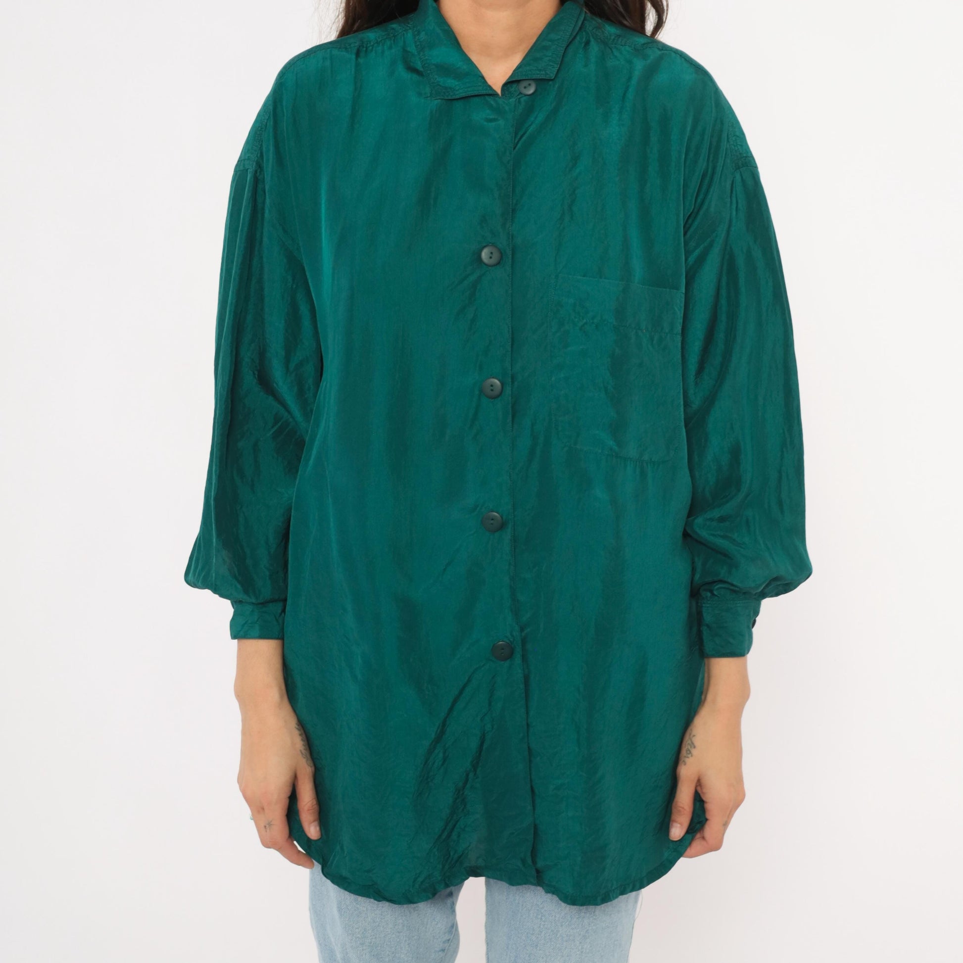 90s The Limited Teal Silk Button Shirt Camp Collar Balloon Sleeve Small