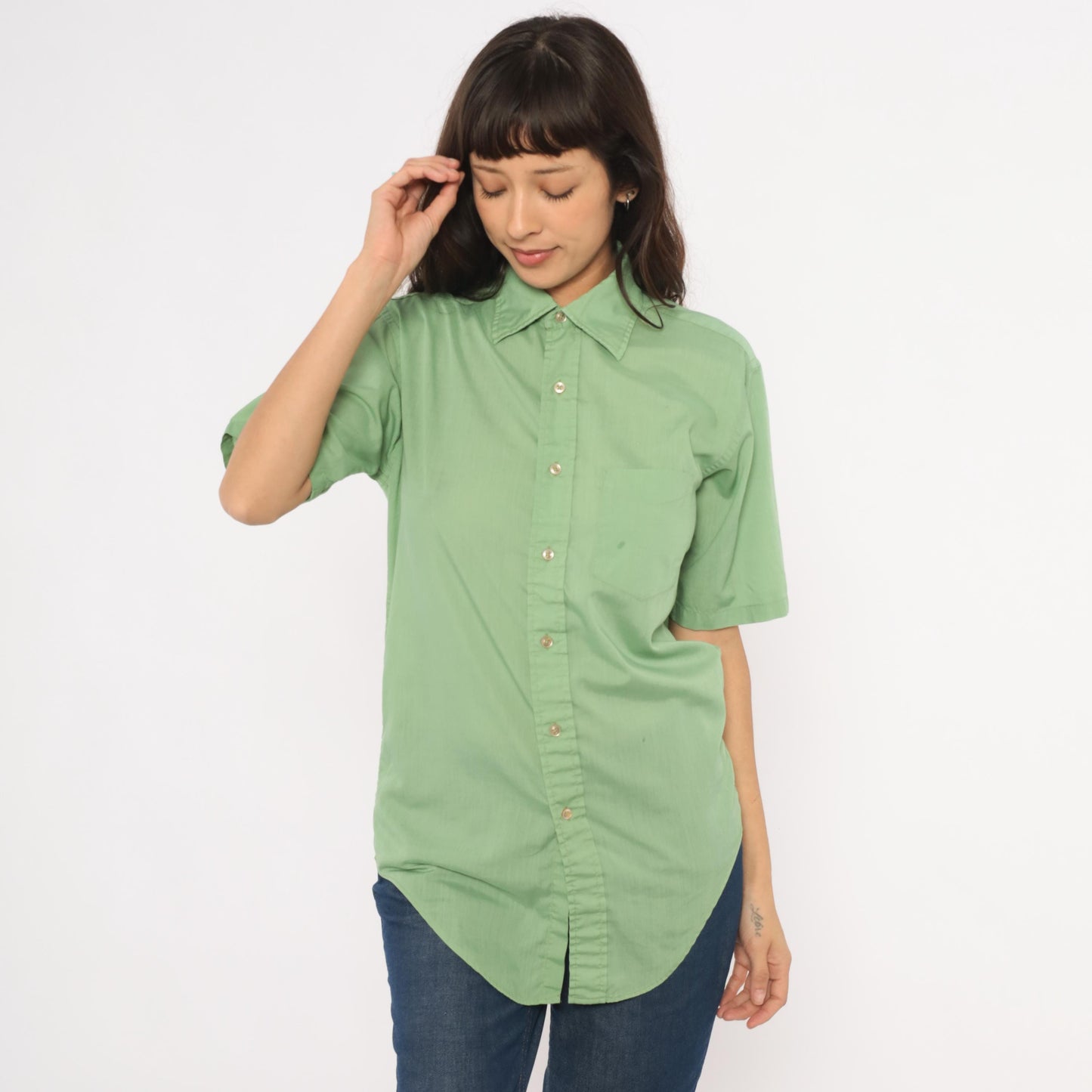 70s Mossini Sage Green Button Down Shirt Short Sleeve Pointed Collar Small